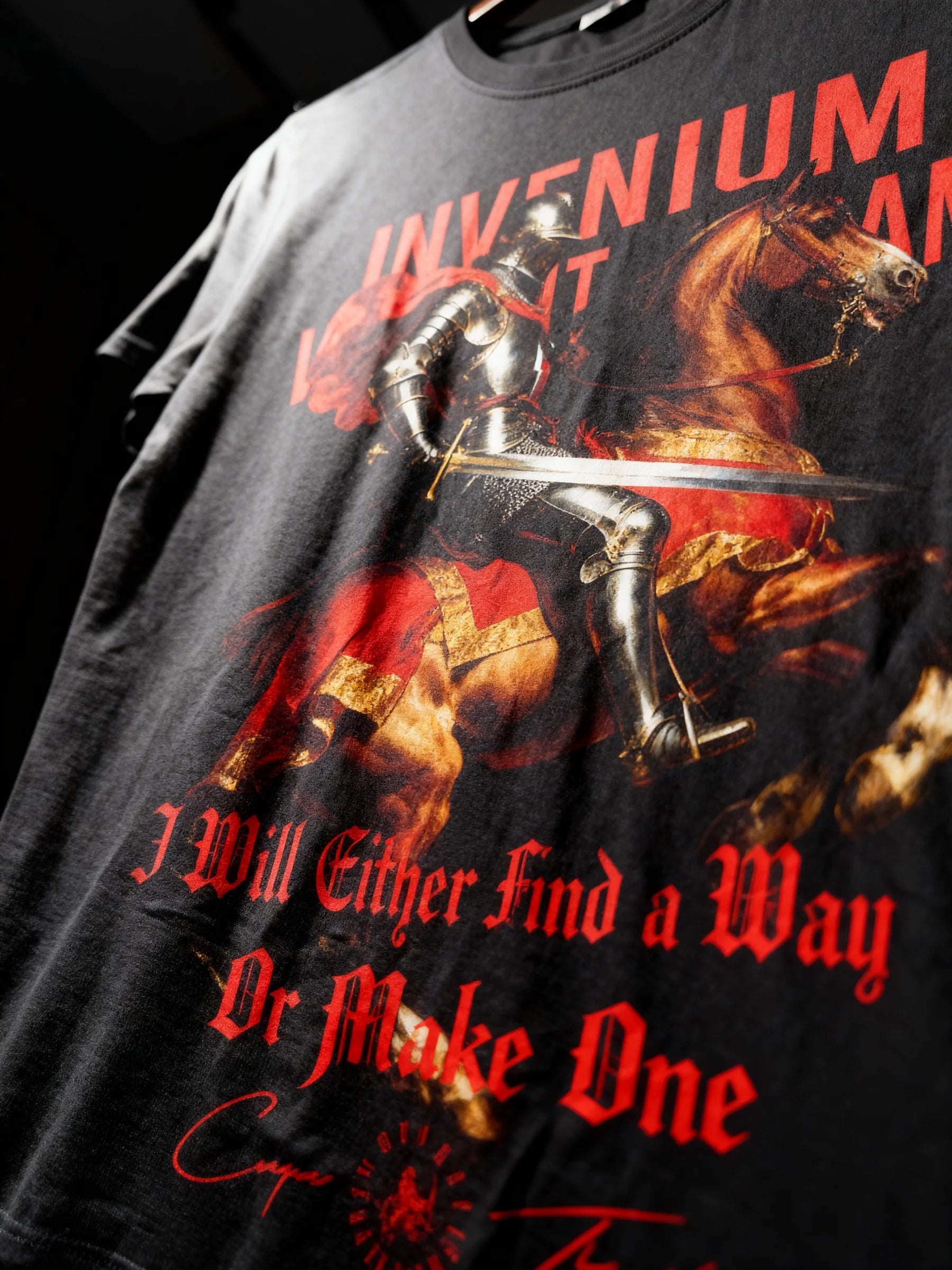 I Will Find a Way or Make One – men's medieval knight warhorse graphic tee close-up, Comfort Colors 1717.