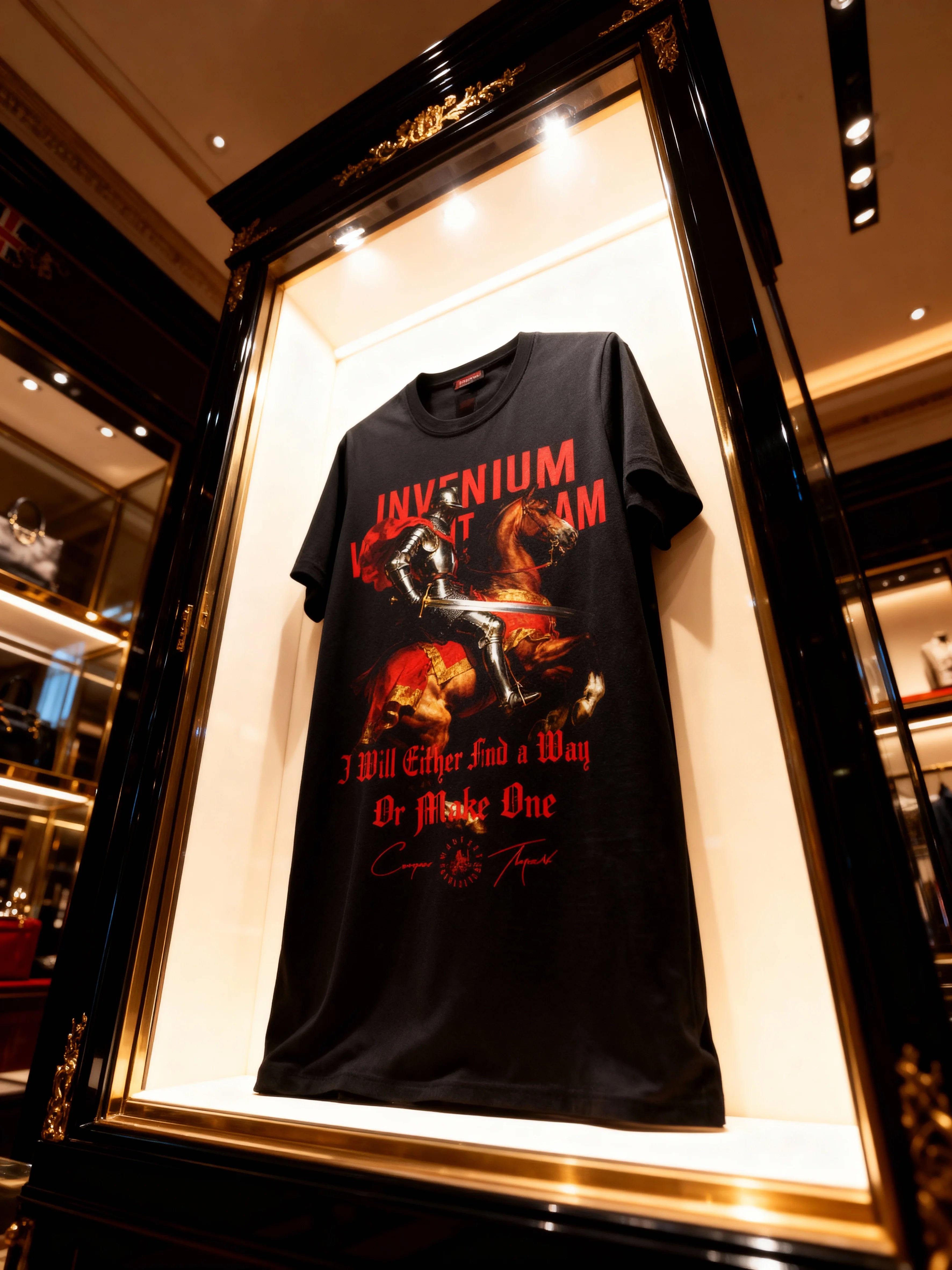 Invenium Viam Aut Faciam gym shirt in luxury display case – men's heavyweight graphic tee. Warface Athletics.