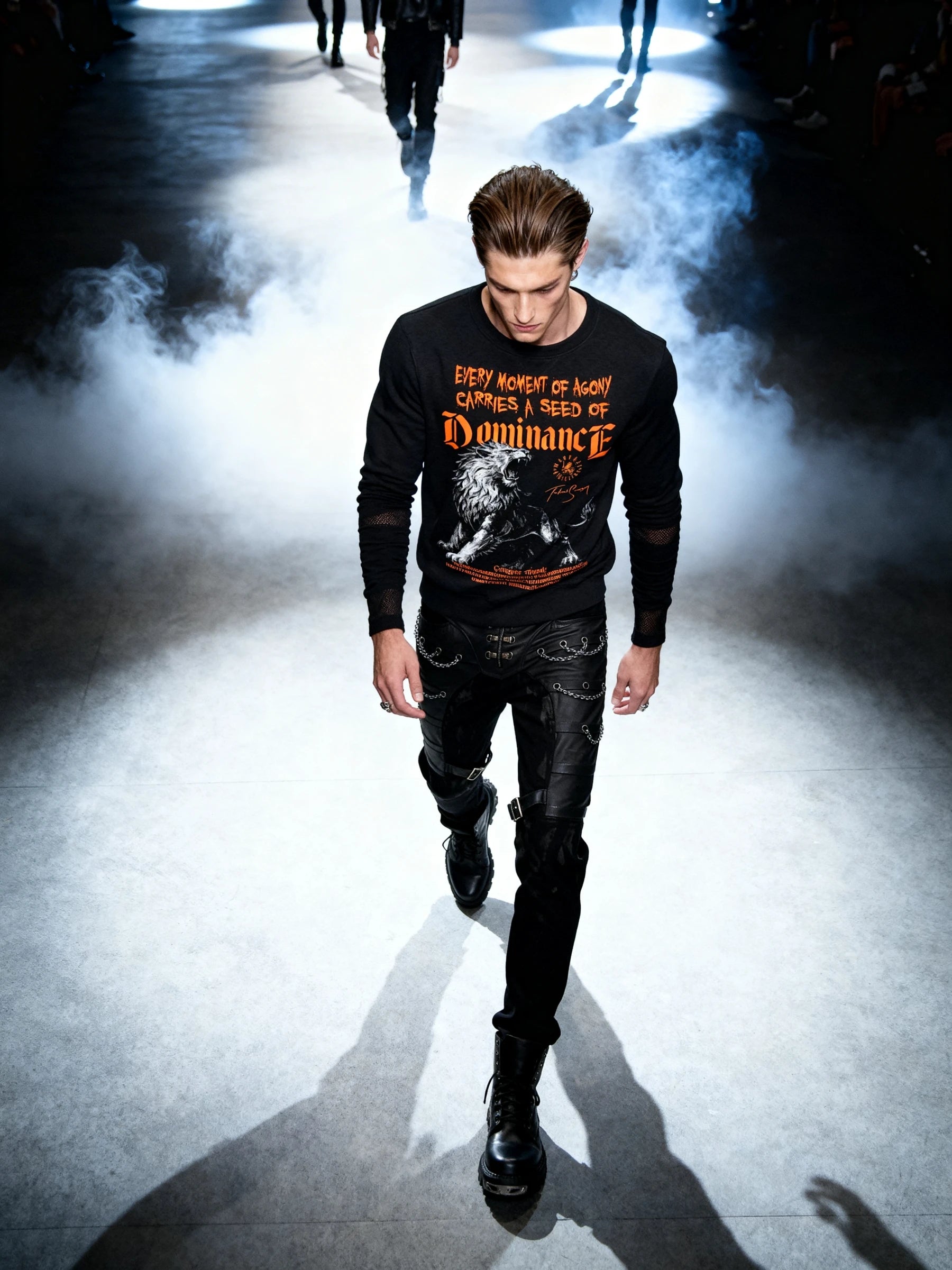 Men's Dominance lion pump cover sweatshirt – model on high fashion runway in roaring lion crewneck. Warface Athletics.