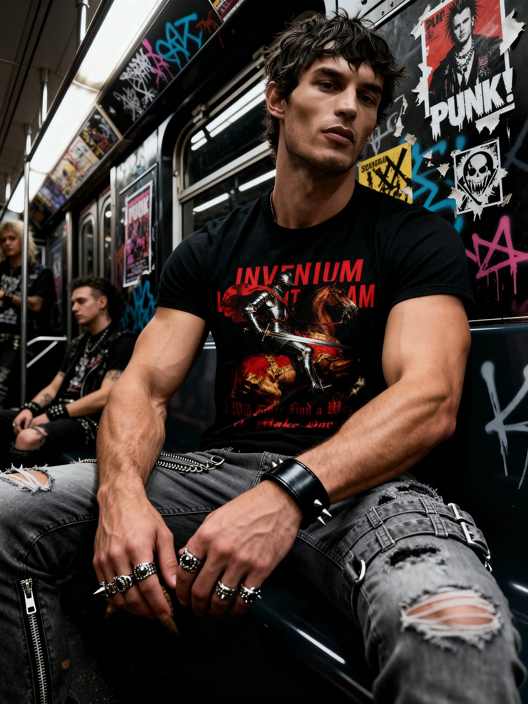 Men's Invenium Viam Aut Faciam gym shirt – streetwear model on subway, men's heavyweight graphic tee for guys.
