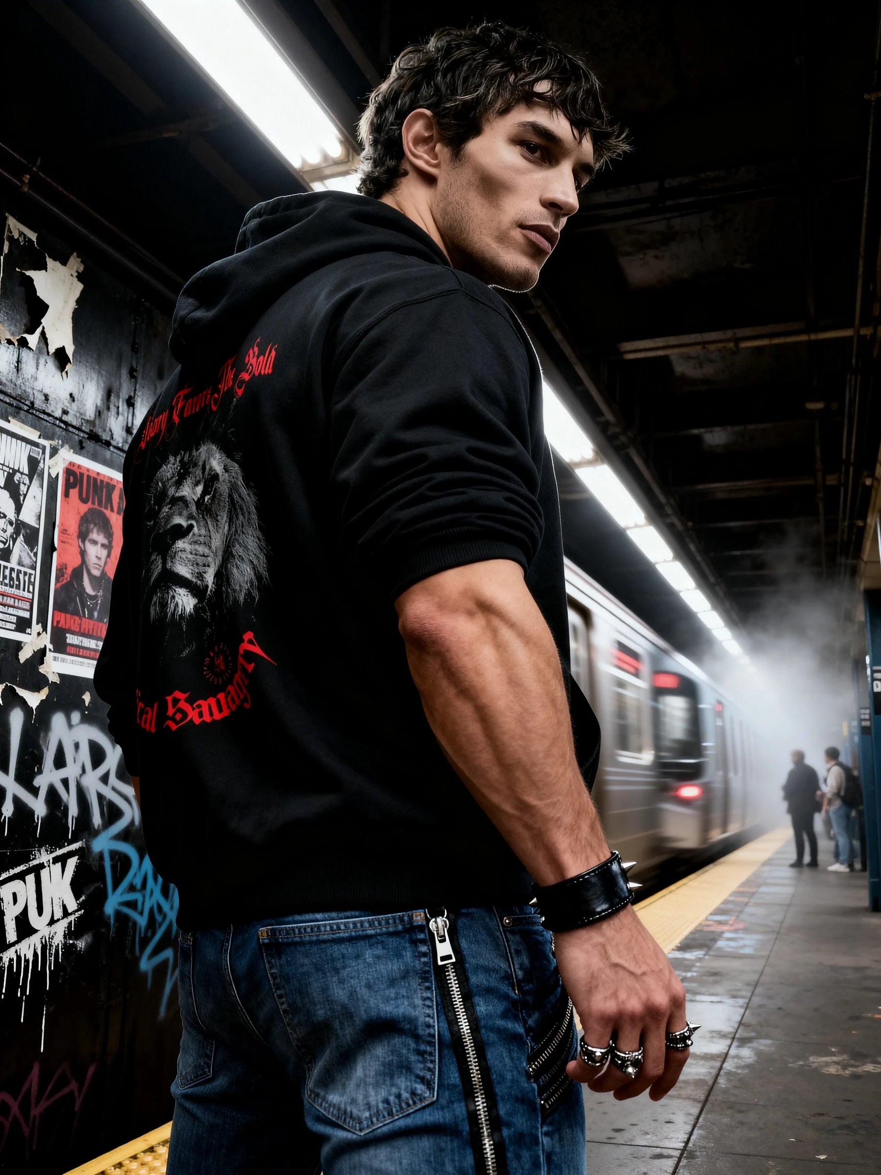 Men's Victory Favors The Bold lion graphic hoodie – streetwear model on subway platform, gym hoodie for men. Warface Athletics.