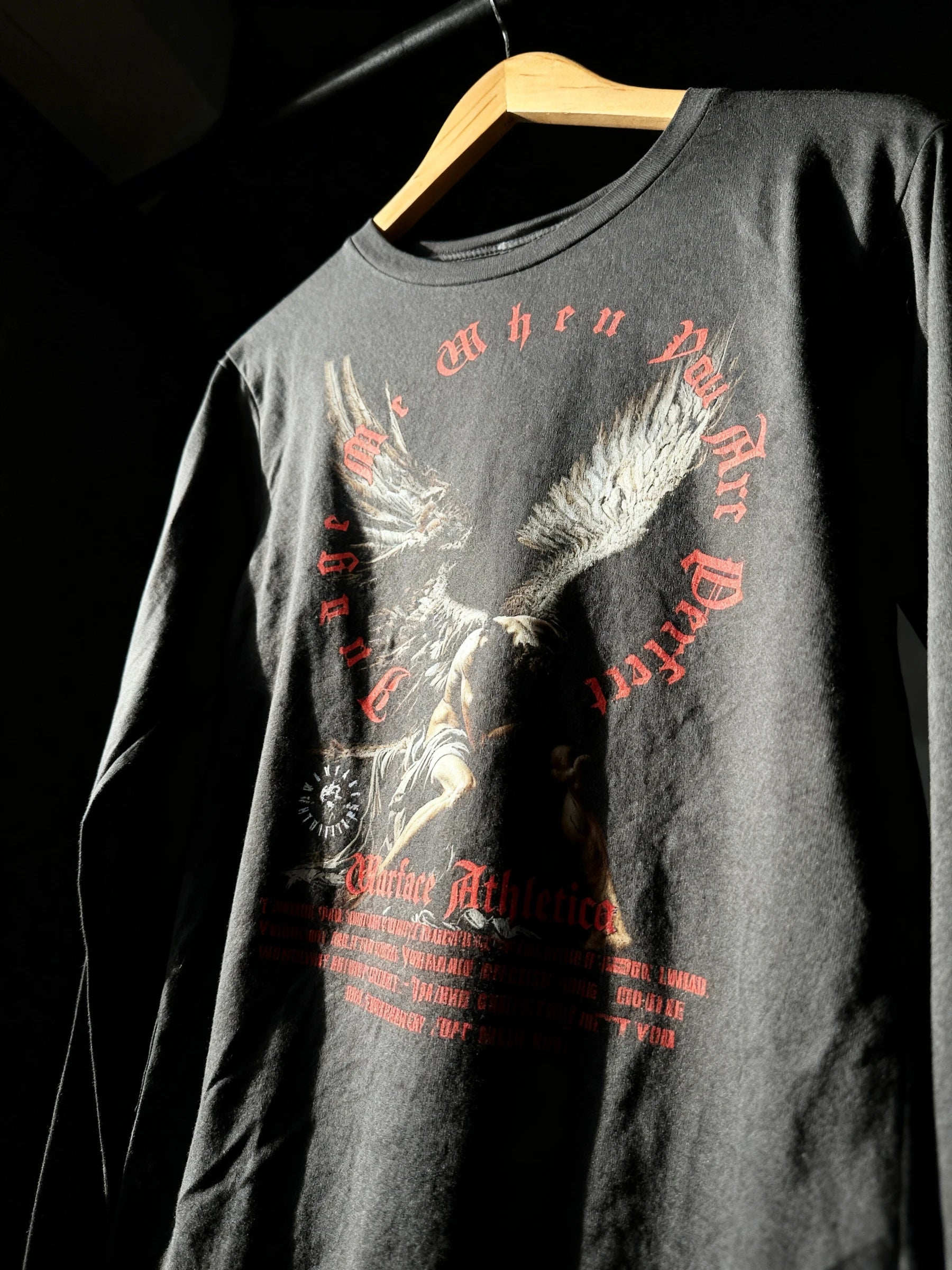 Fallen Angel Long Sleeve Tee Close-Up — Men's Christian Clothing with Angel Graphic Print by Warface Athletics
