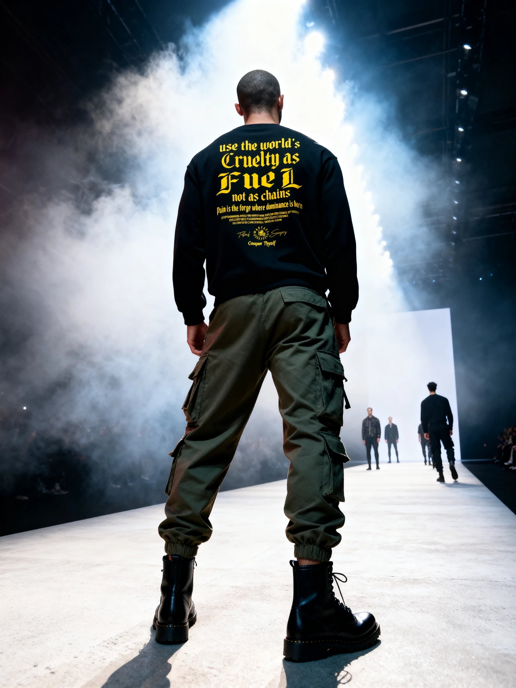Cruelty as Fuel Long Sleeve Lifestyle Shot — Men's Athletic Long Sleeve with Stoic Motivational Quote by Warface Athletics