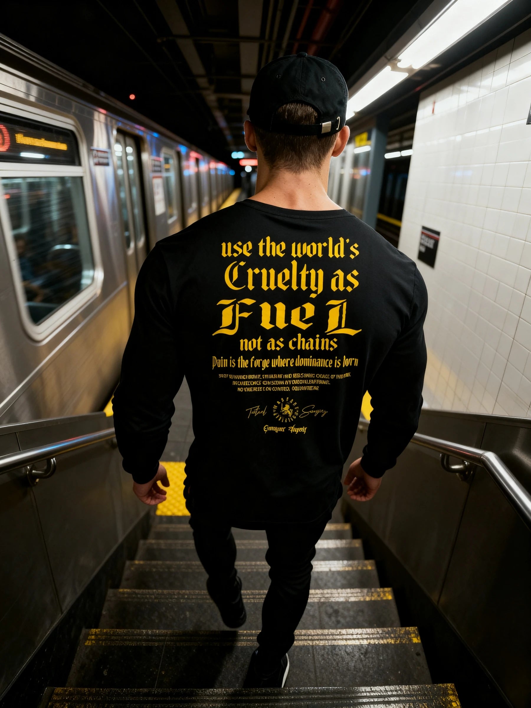 Cruelty as Fuel Long Sleeve Display — Men's Athletic Apparel with Stoic Warrior Shirt Print by Warface Athletics