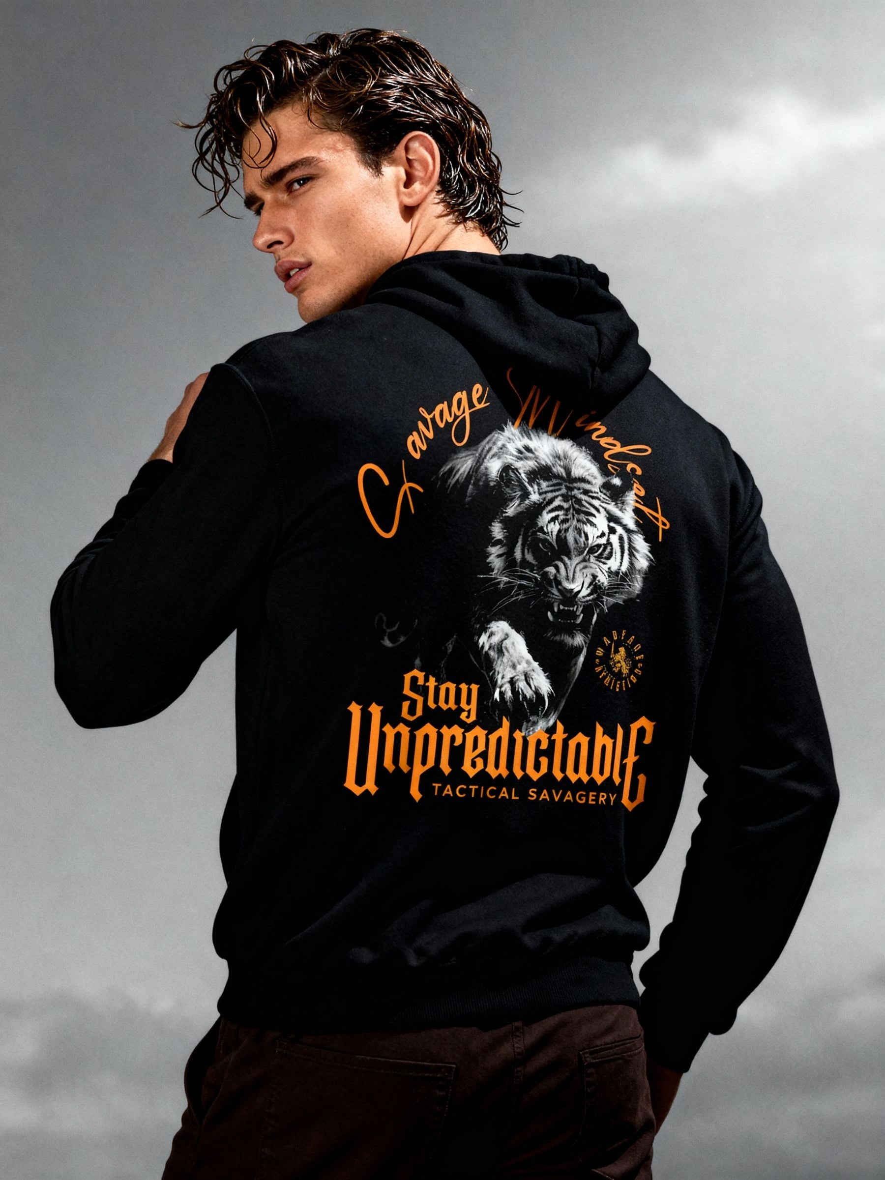 Men's Savage Mindset tiger gym hoodie back – Stay Unpredictable graphic hoodie, cloudy sky lifestyle shot. Warface Athletics.