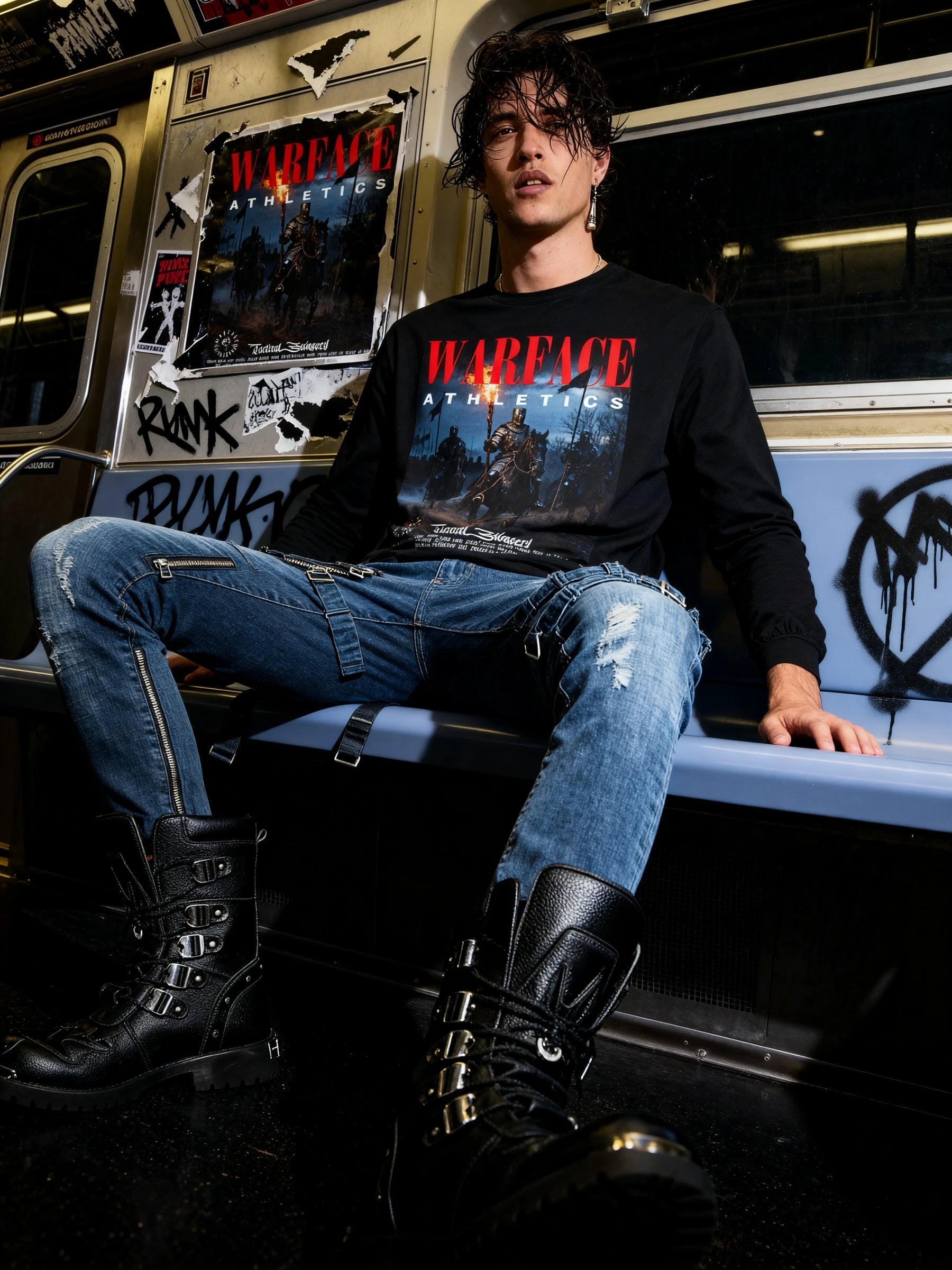 Men's medieval knight long sleeve gym shirt – model in British knight graphic tee on subway, streetwear lifestyle. Warface Athletics.