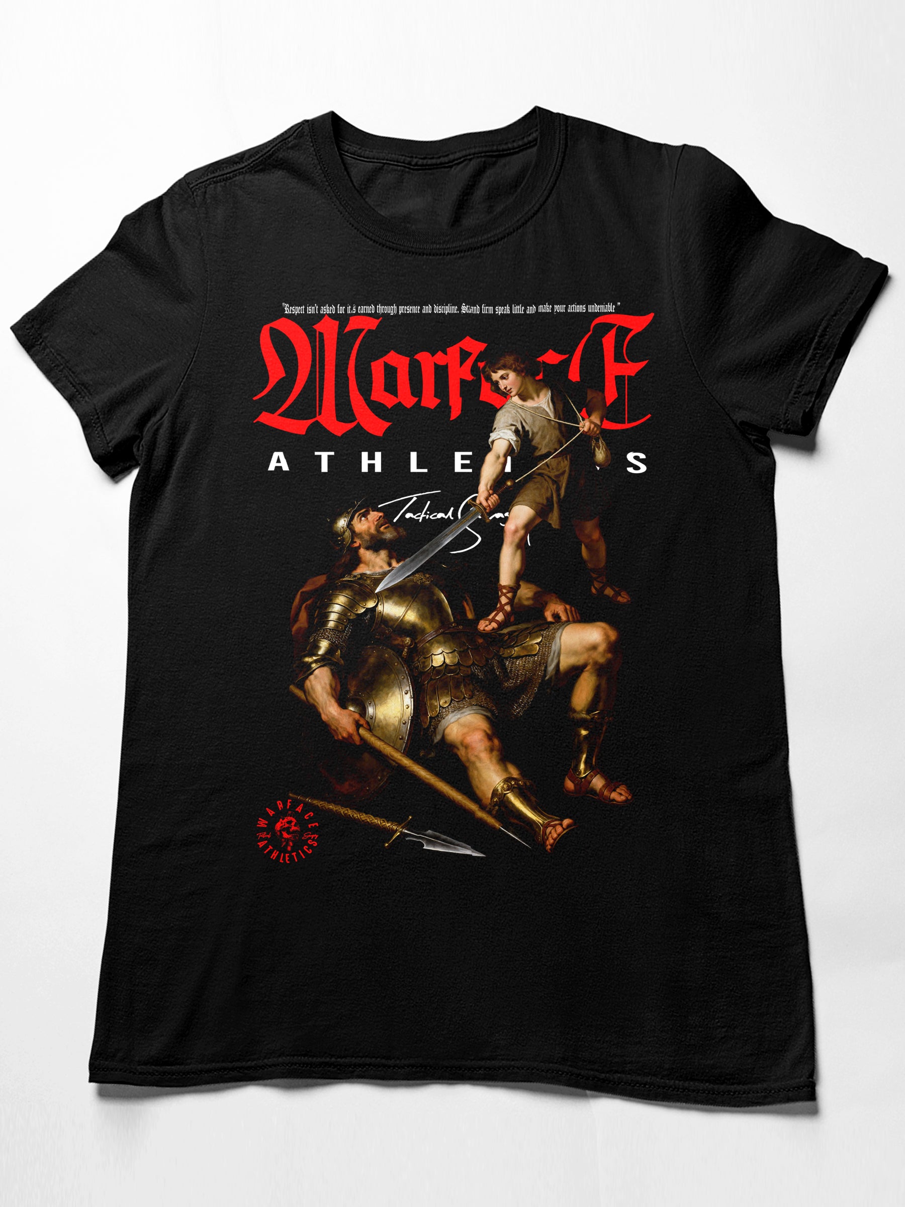 David and Goliath Graphic Tee Front View — Men's Religious Shirt with Warrior Print by Warface Athletics