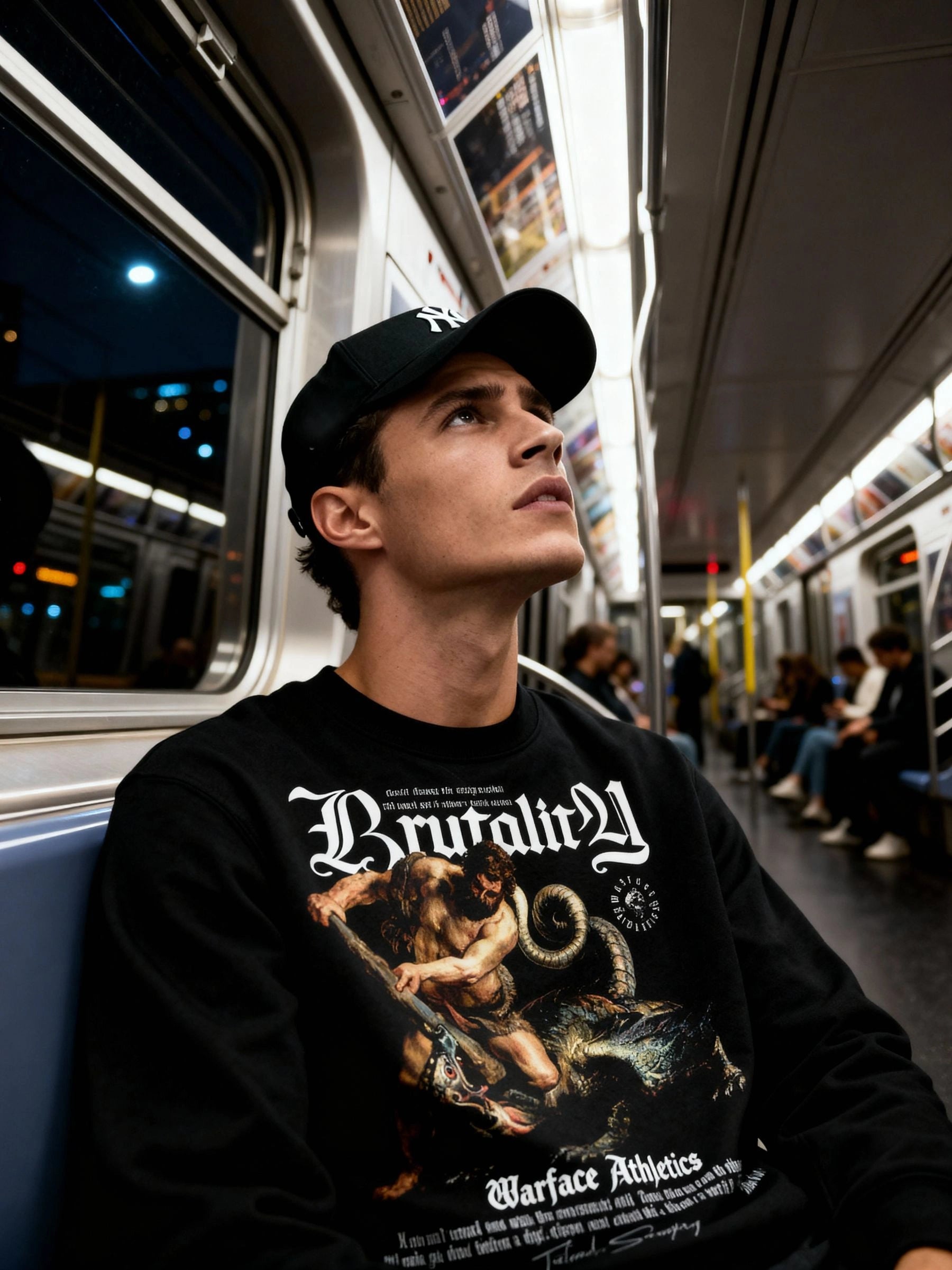 Men's Brutality greek mythology sweatshirt – model in Hercules Hydra pump cover crewneck on subway. Warface Athletics.
