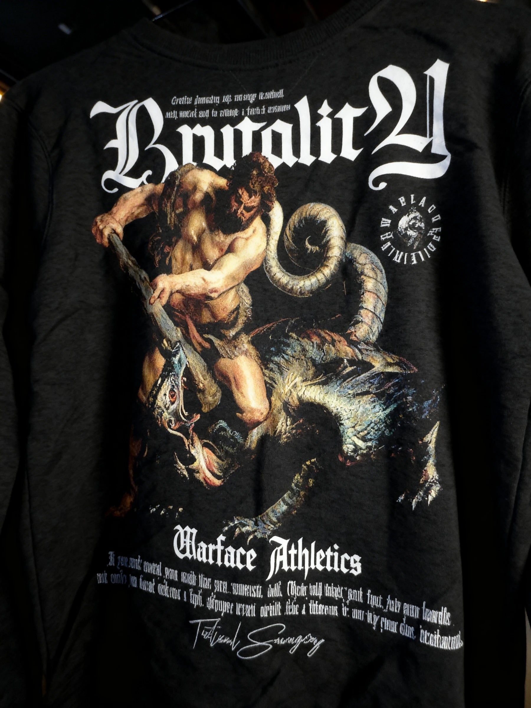 Brutality Hercules vs Hydra sweatshirt back – men's greek mythology pump cover crewneck, dark background. Warface Athletics.