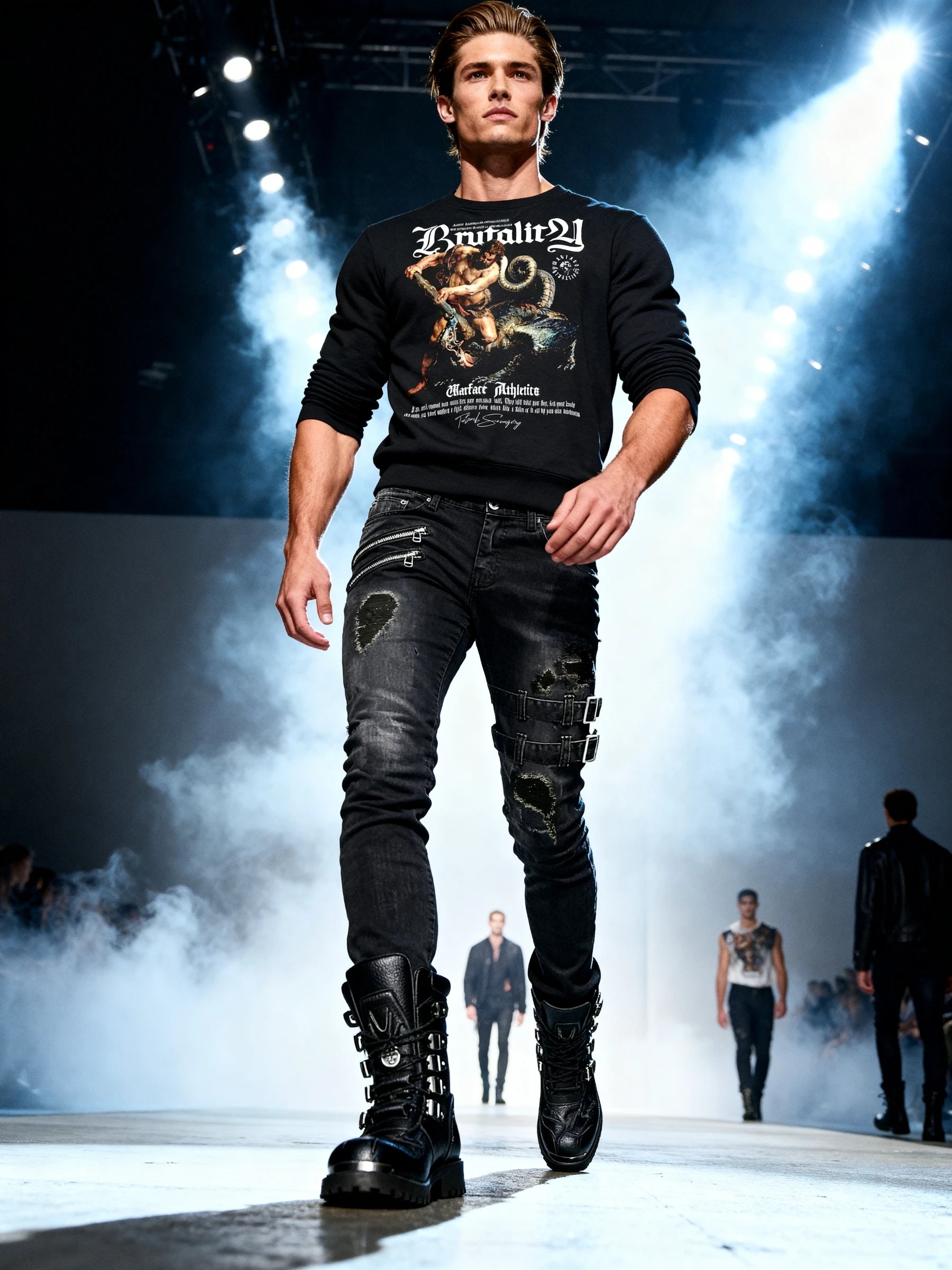 Men's Brutality greek mythology sweatshirt – model on smoky runway in Hercules Hydra pump cover crewneck. Warface Athletics.