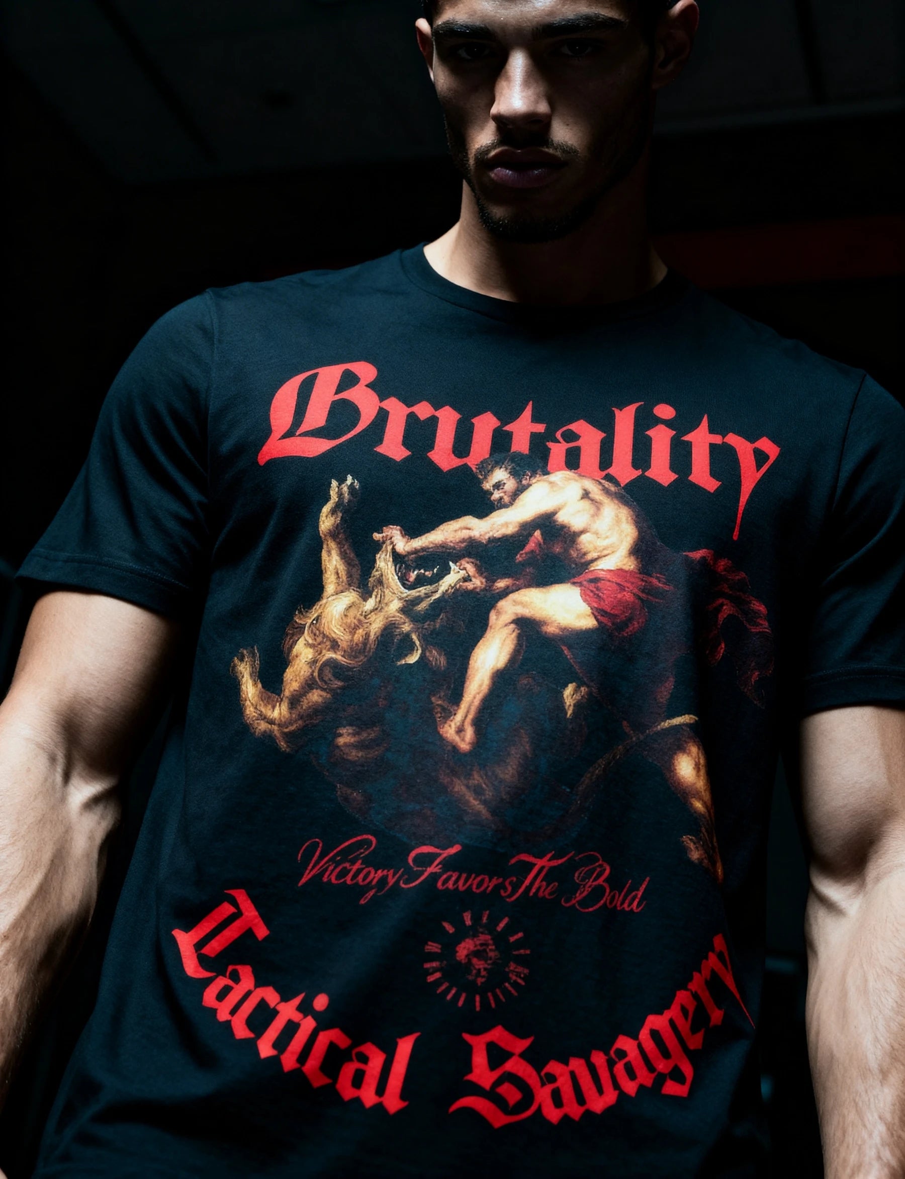 Men's Black Greek Mythology Gym Shirt with Red Hercules Lion Graphic by Warface Athletics