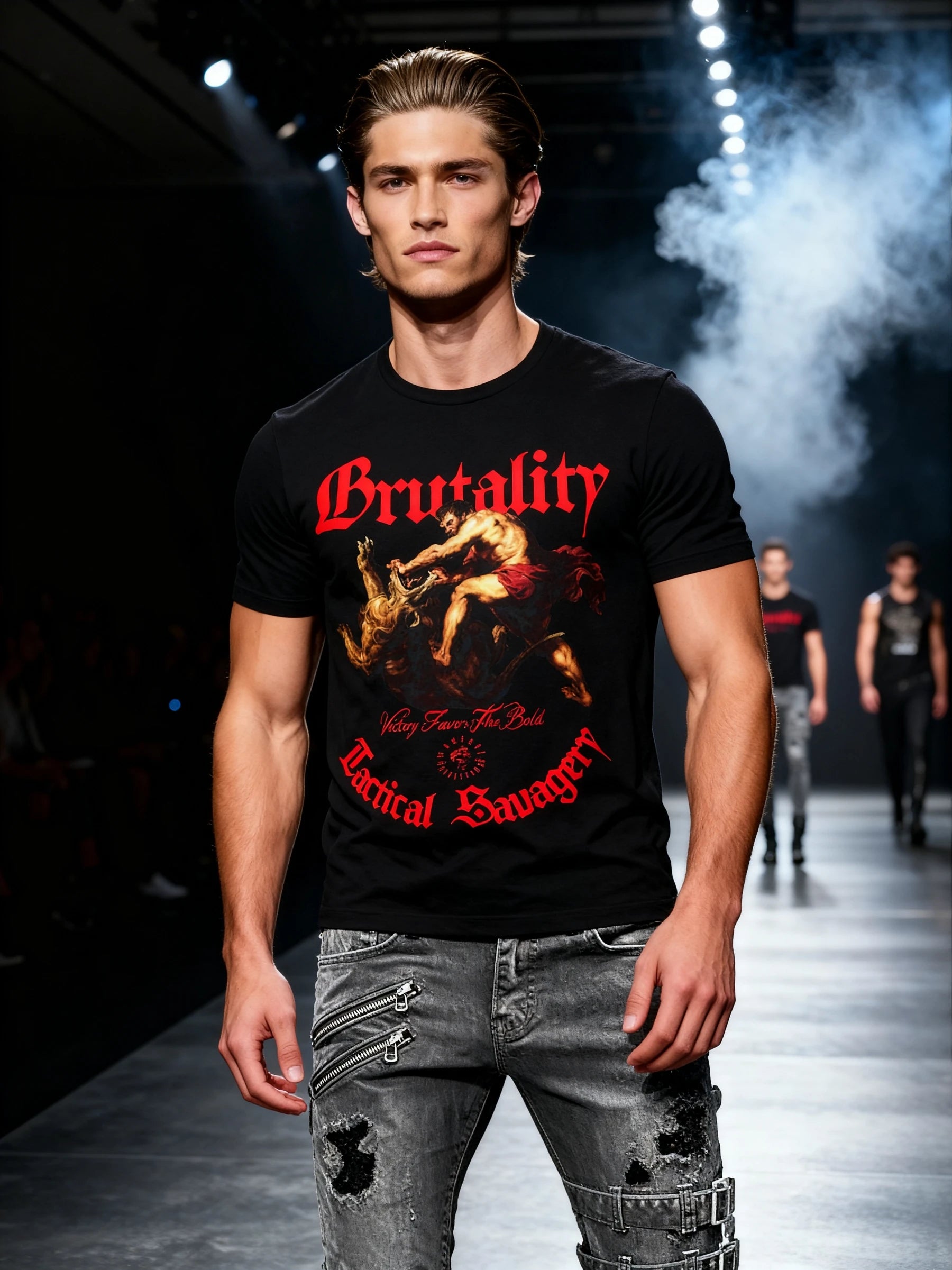 Men's Greek Warrior Shirt Hercules with Red Brutality Graphic in Dramatic Lighting by Warface Athletics