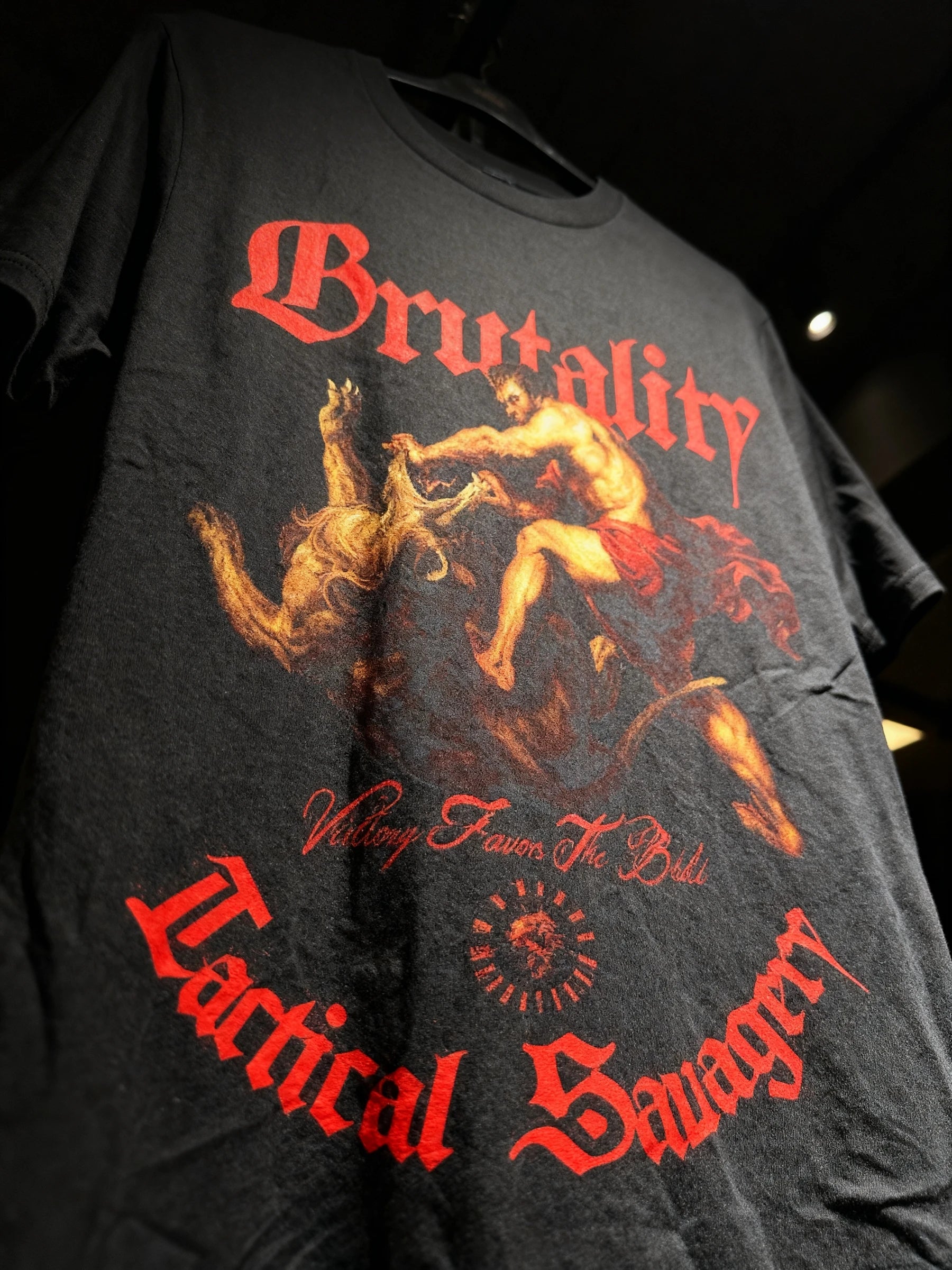 Men's Hercules Greek Mythology Gym Shirt with Red Tactical Savagery Print by Warface Athletics