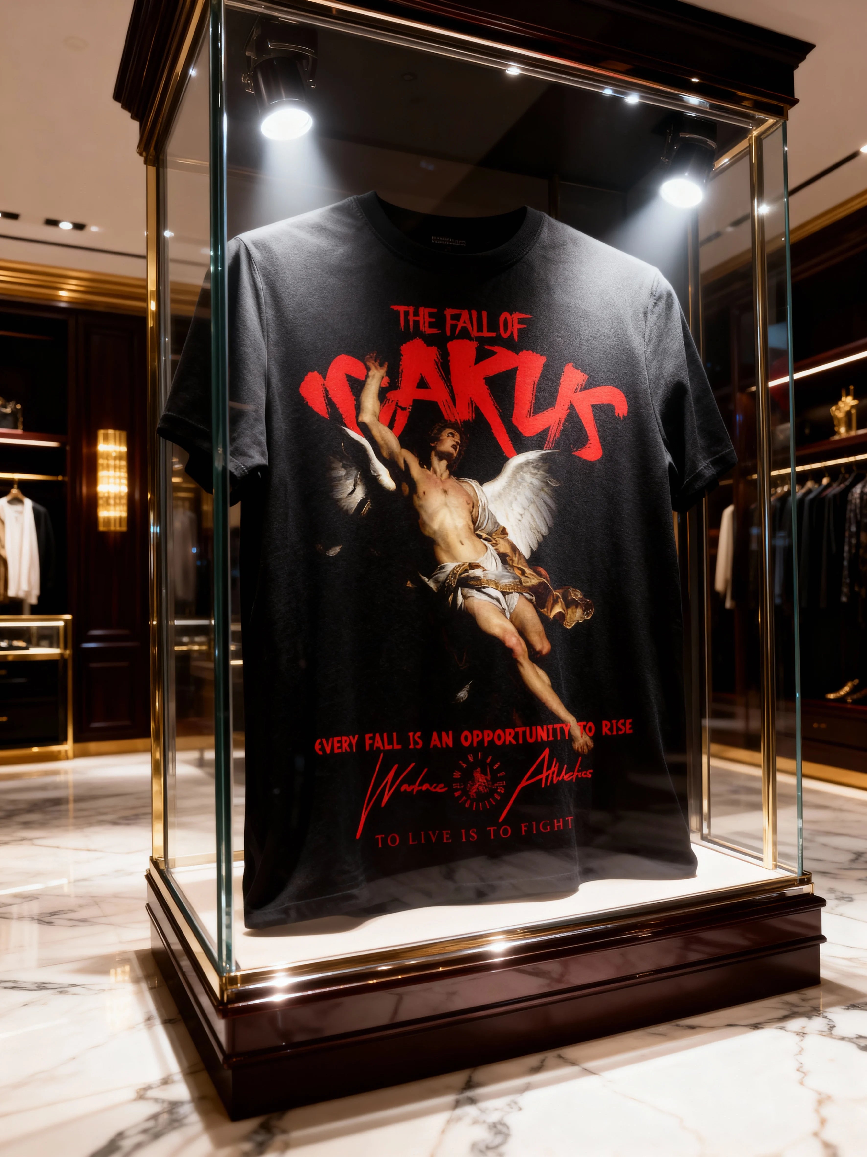 Fall of Icarus Gym T-Shirt Lifestyle Shot — Men's Graphic Tees for Guys with Warrior Clothing Aesthetic by Warface Athletics