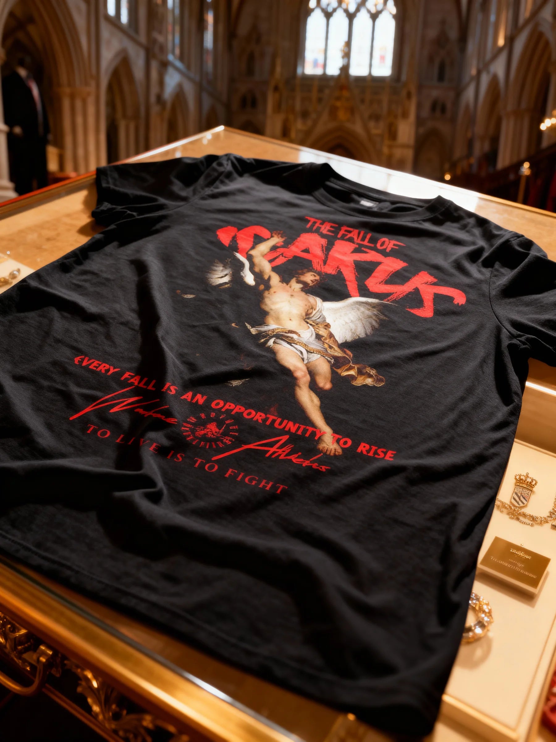 Fall of Icarus flat lay – men's heavyweight graphic gym tee, Every Fall is an Opportunity to Rise, Comfort Colors 1717.