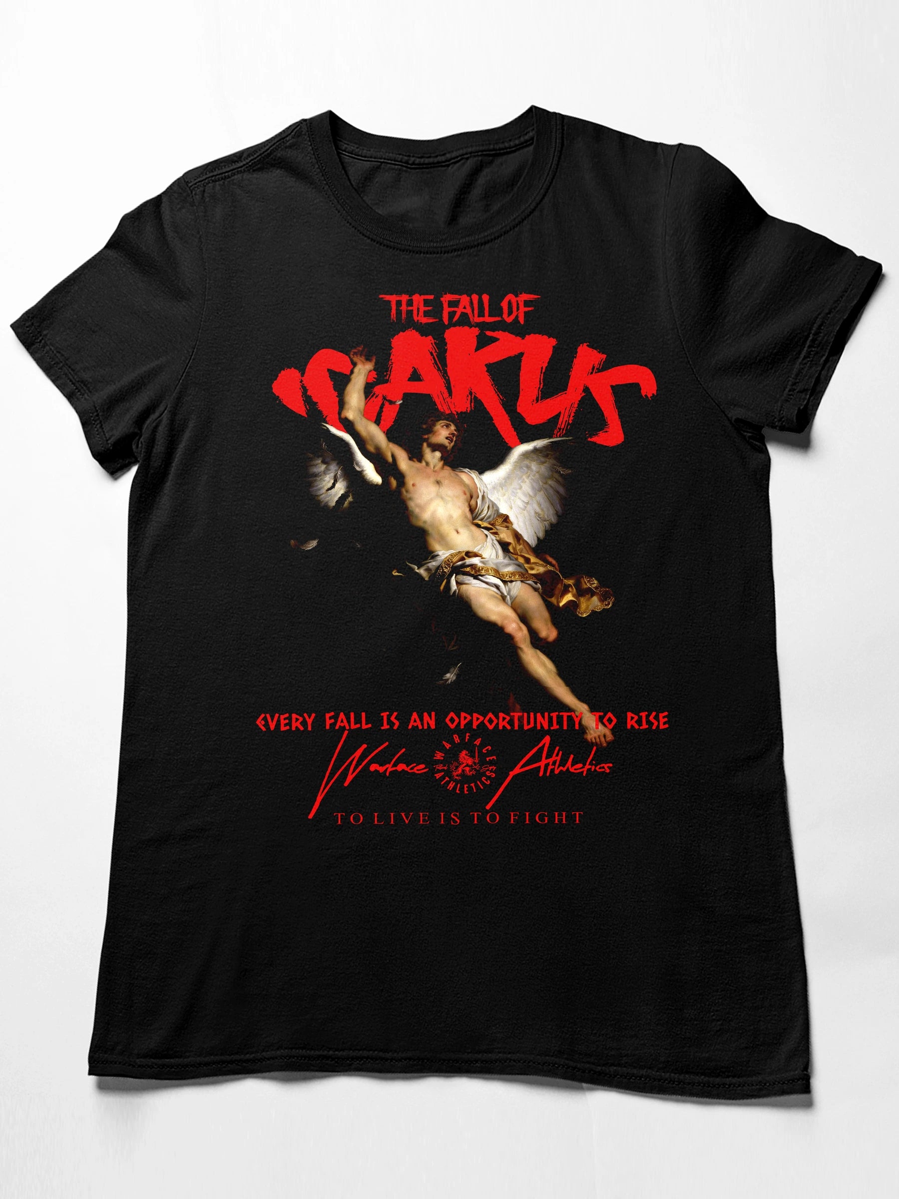 Fall of Icarus T-Shirt with Graphics Front View — Men's Athleisure Clothing and Tribute Shirt by Warface Athletics