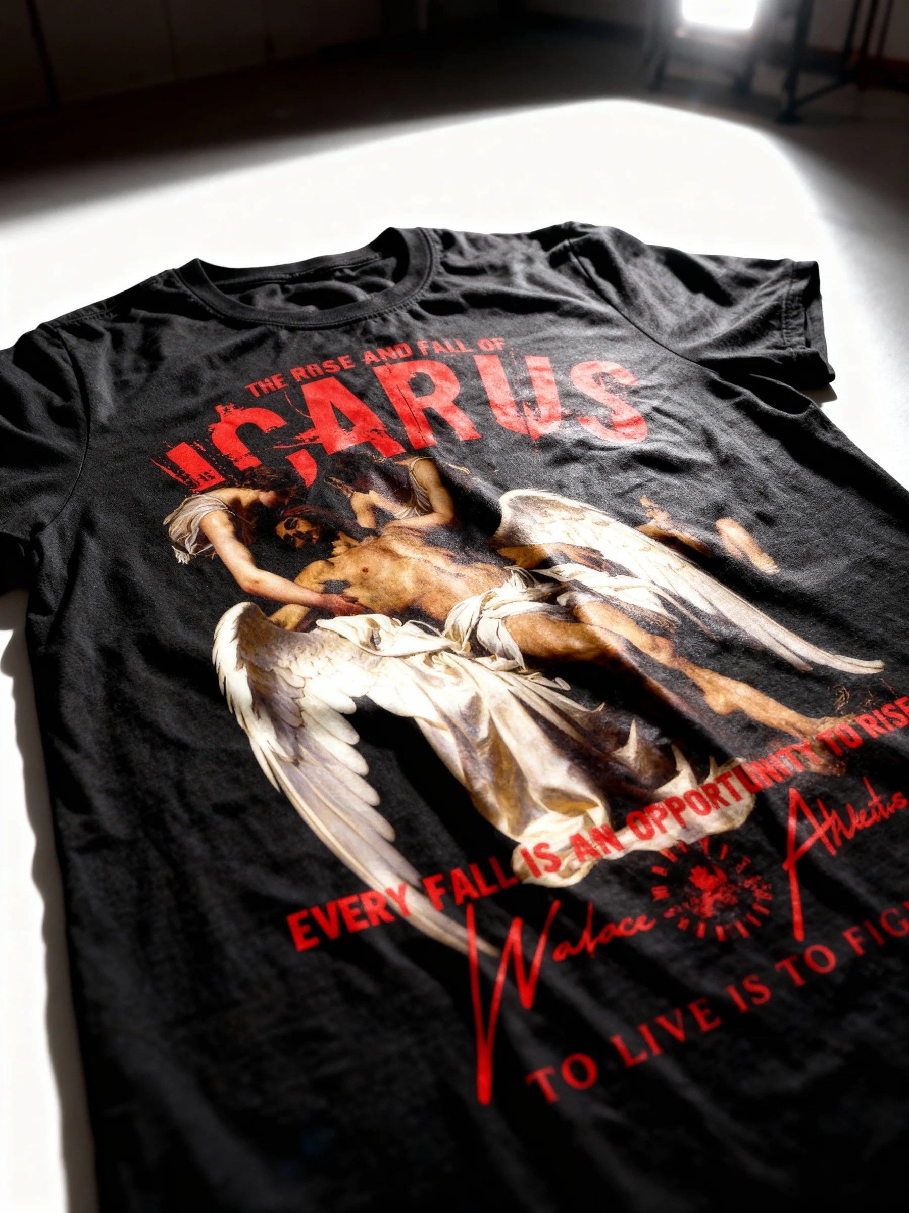 Icarus Fall Graphic Tee front View — Men's Workout Tee Shirt with Warrior Clothing Aesthetic by Warface Athletics