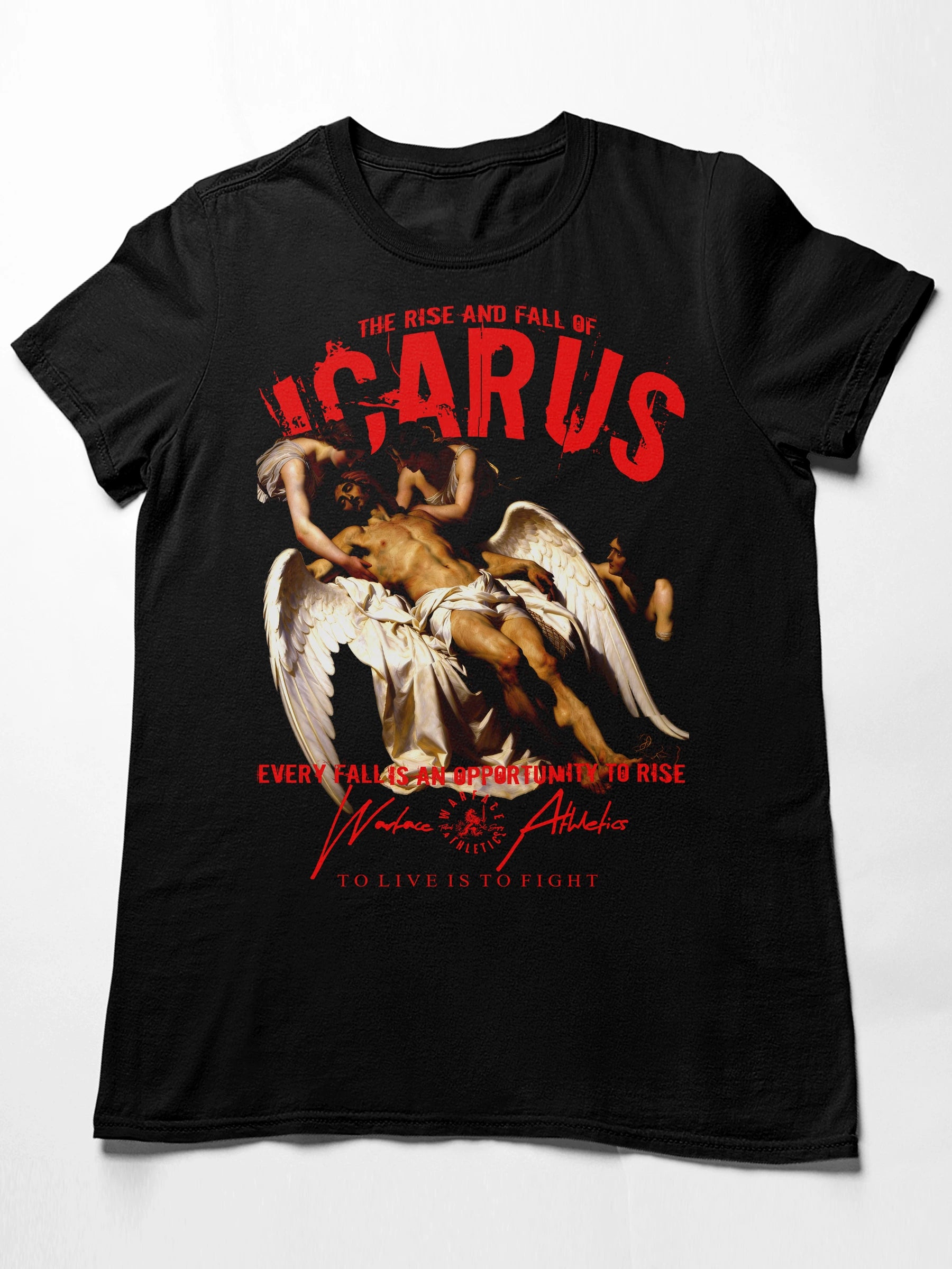 Warface Athletics Icarus Graphic T-Shirt Flat Lay — Men's Athleisure Clothing with Motivational Quote background