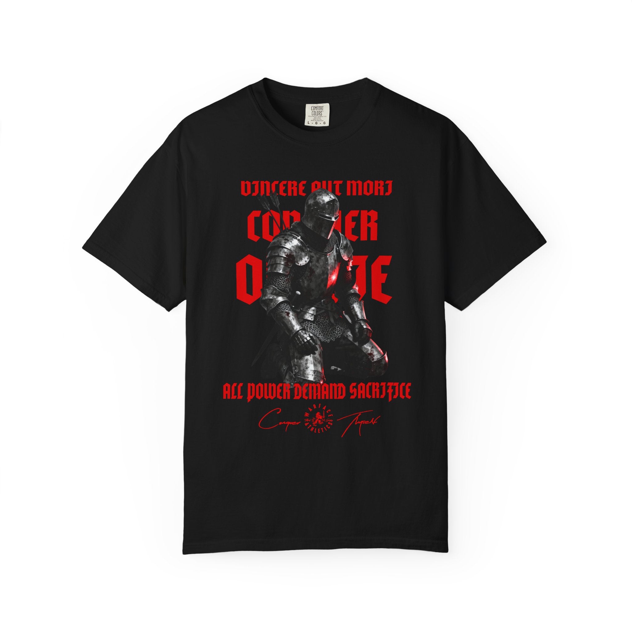 Vincere Aut Mori front flat lay – men's black medieval knight heavyweight gym shirt, Comfort Colors 1717. Warface Athletics.