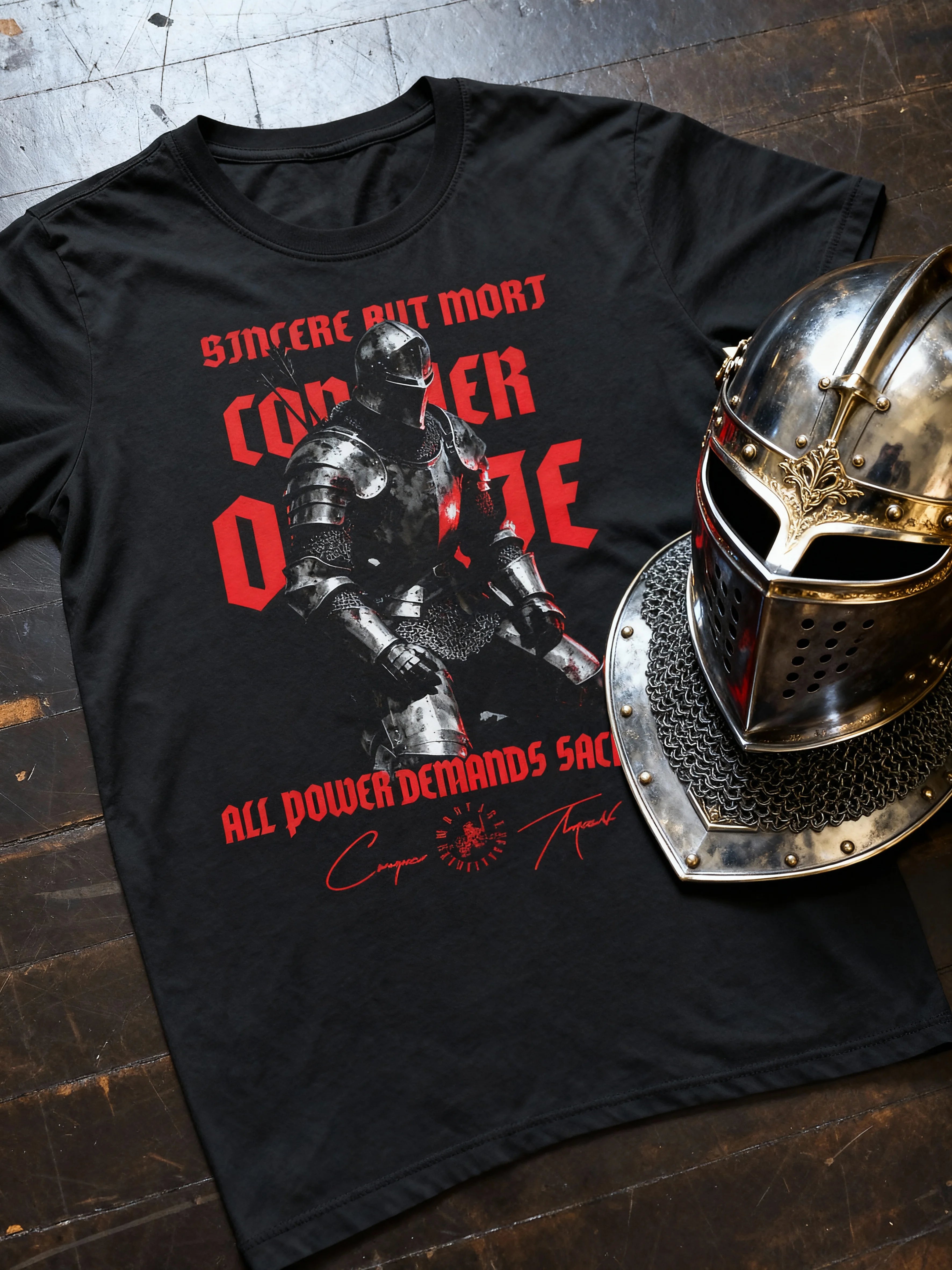 Vincere Aut Mori graphic tee with knight helmet display – men's dual-sided heavyweight gym shirt, Comfort Colors 1717.