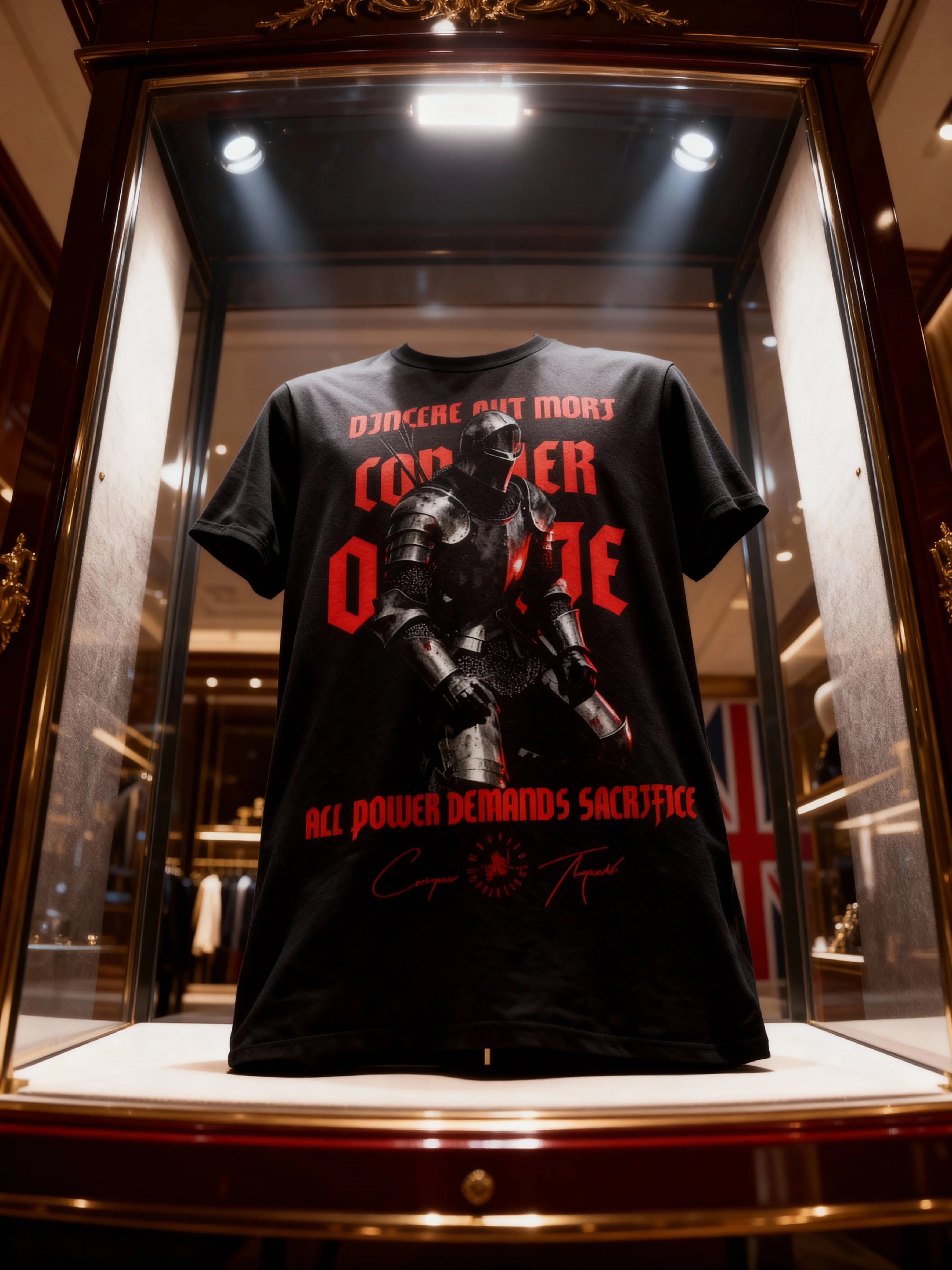 Men's Vincere Aut Mori heavyweight gym shirt in luxury display case – medieval knight graphic tee. Warface Athletics.