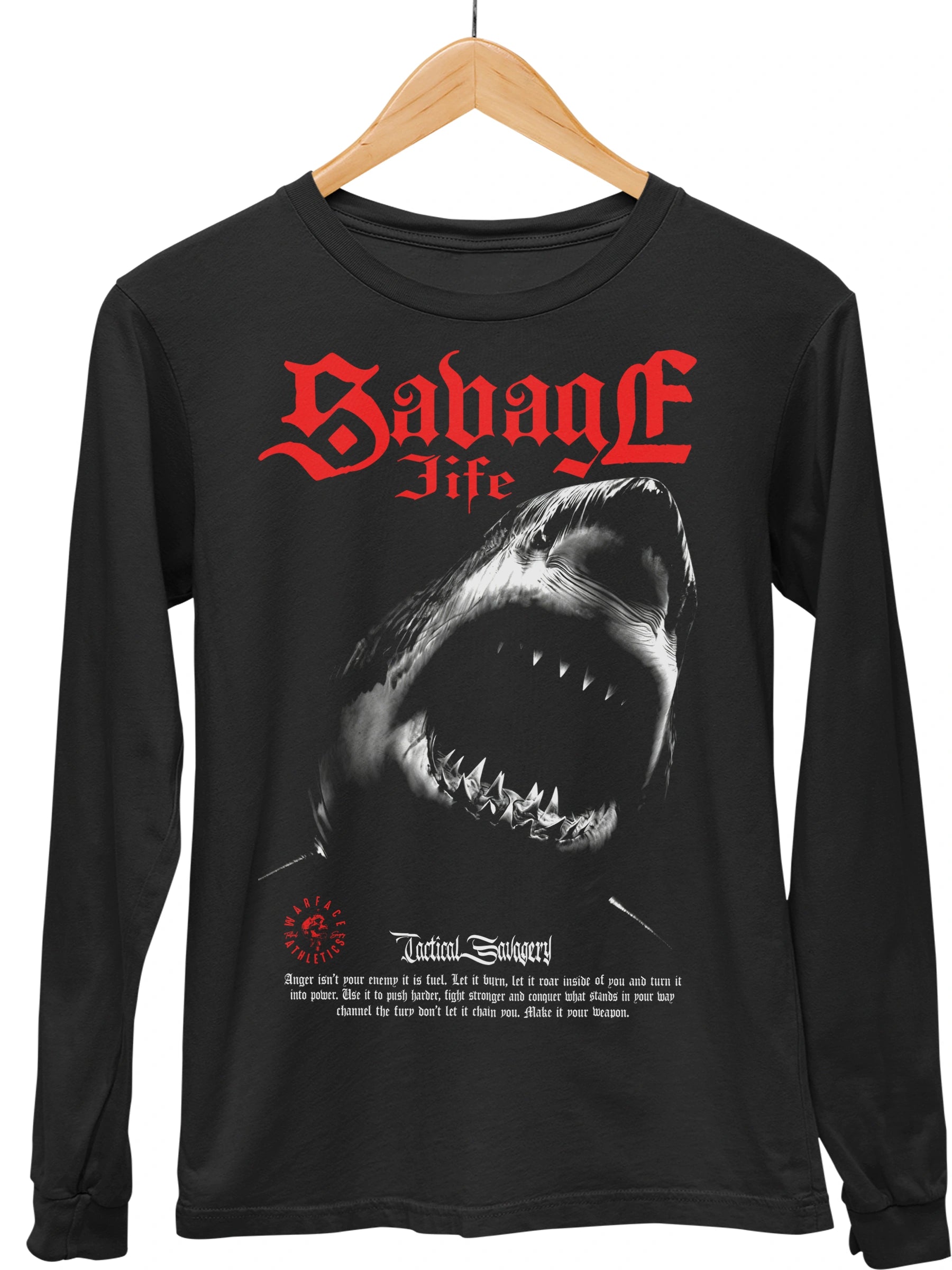 Black long-sleeve shirt with a shark graphic and 'Savage Life' text on a hanger.