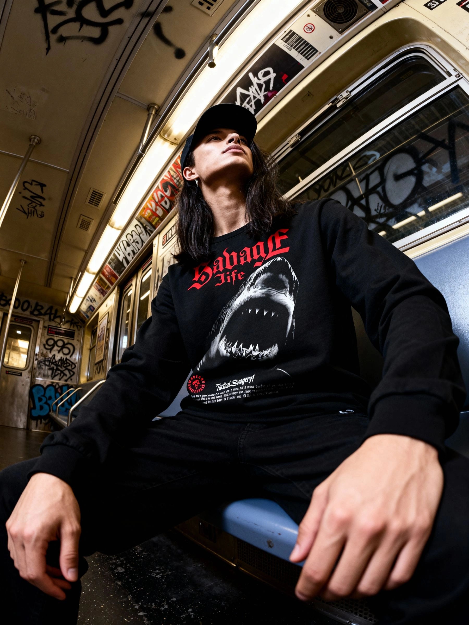 Men's shark graphic long sleeve gym shirt – streetwear model in Savage Life tee, athletic apparel for men. Warface Athletics.