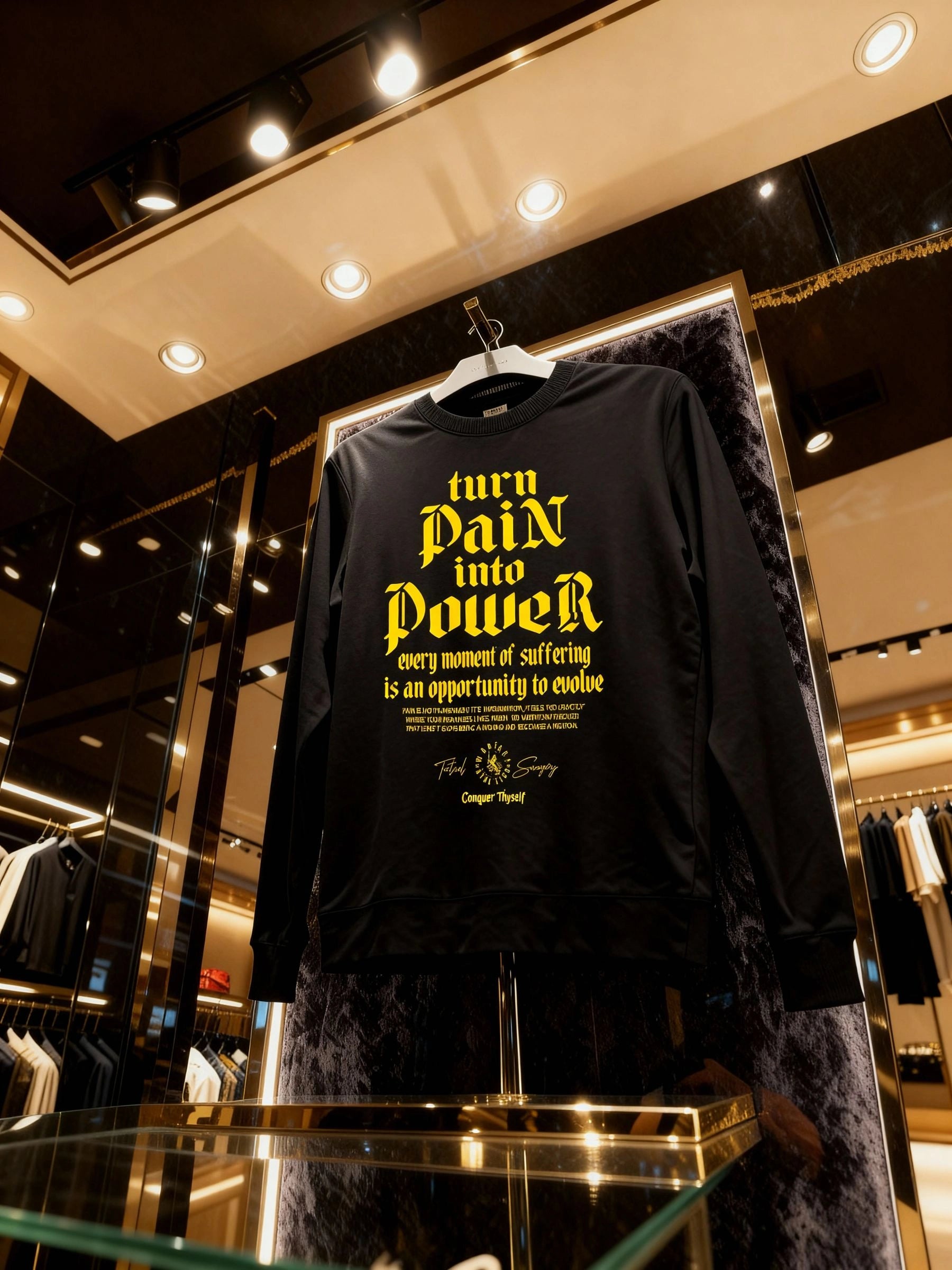 Turn Pain Into Power sweatshirt in luxury store – men's stoic typography pump cover crewneck, Gildan 18000. Warface Athletics.