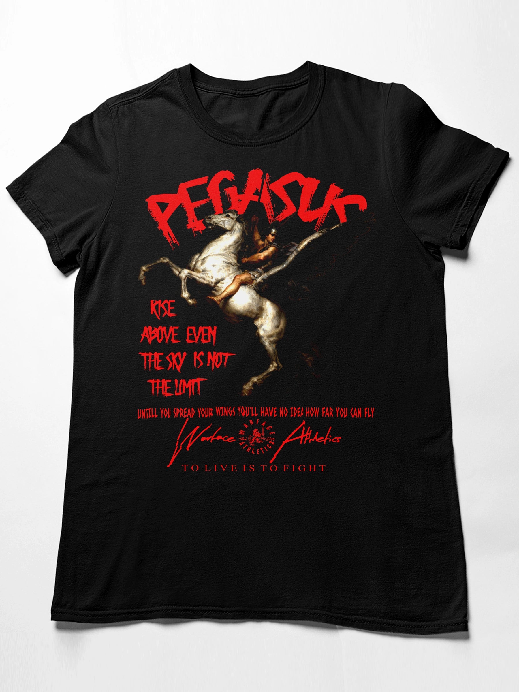 Pegasus Rise Above Tee Flat Lay Front — Men's Black Greek Mythology Gym Shirt with Red Pegasus Print by Warface Athleticsbackground