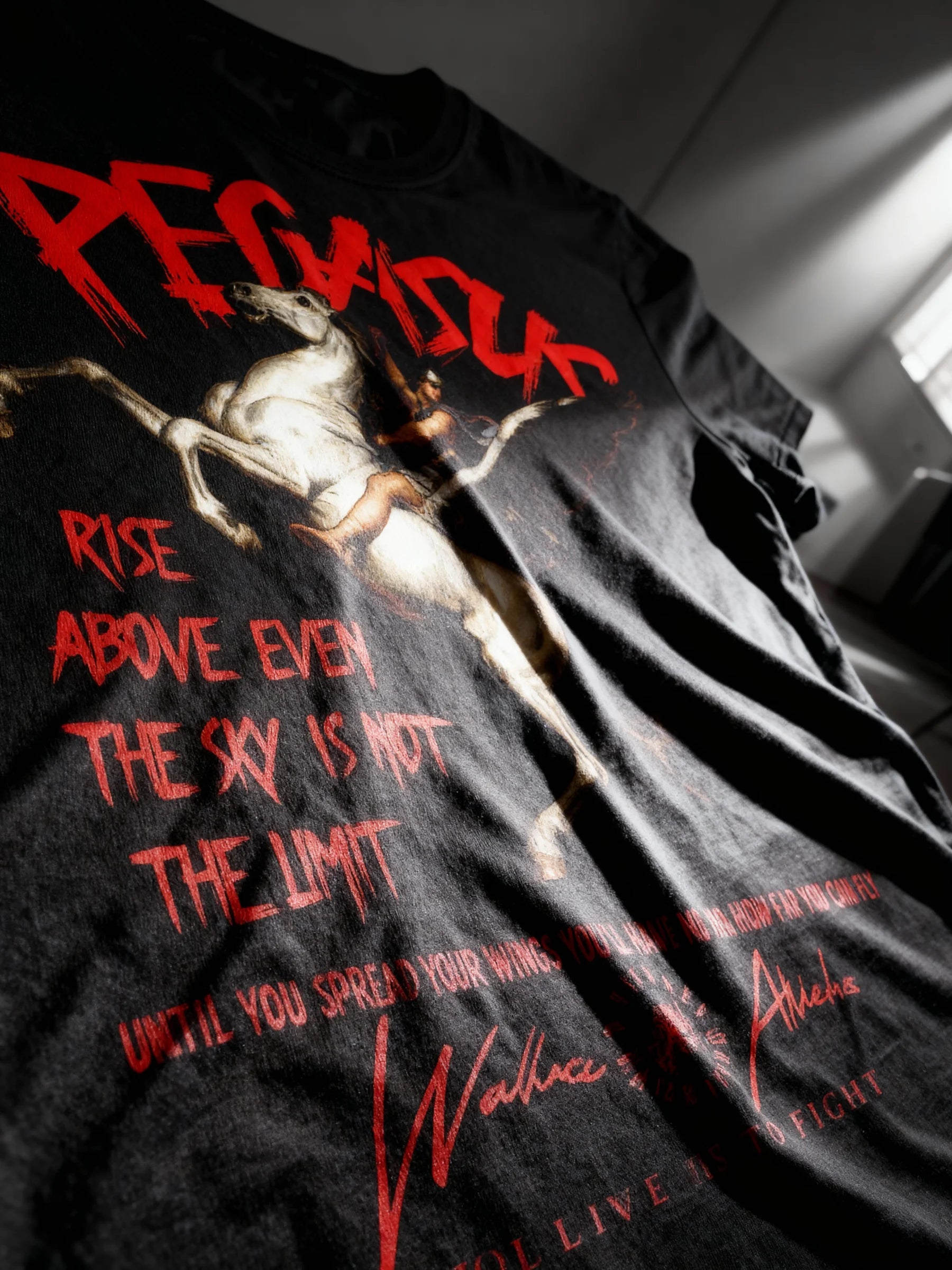 Pegasus Rise Above Tee Back View — Men's Greek Mythology Gym Shirt with Red Pegasus Print by Warface Athletics