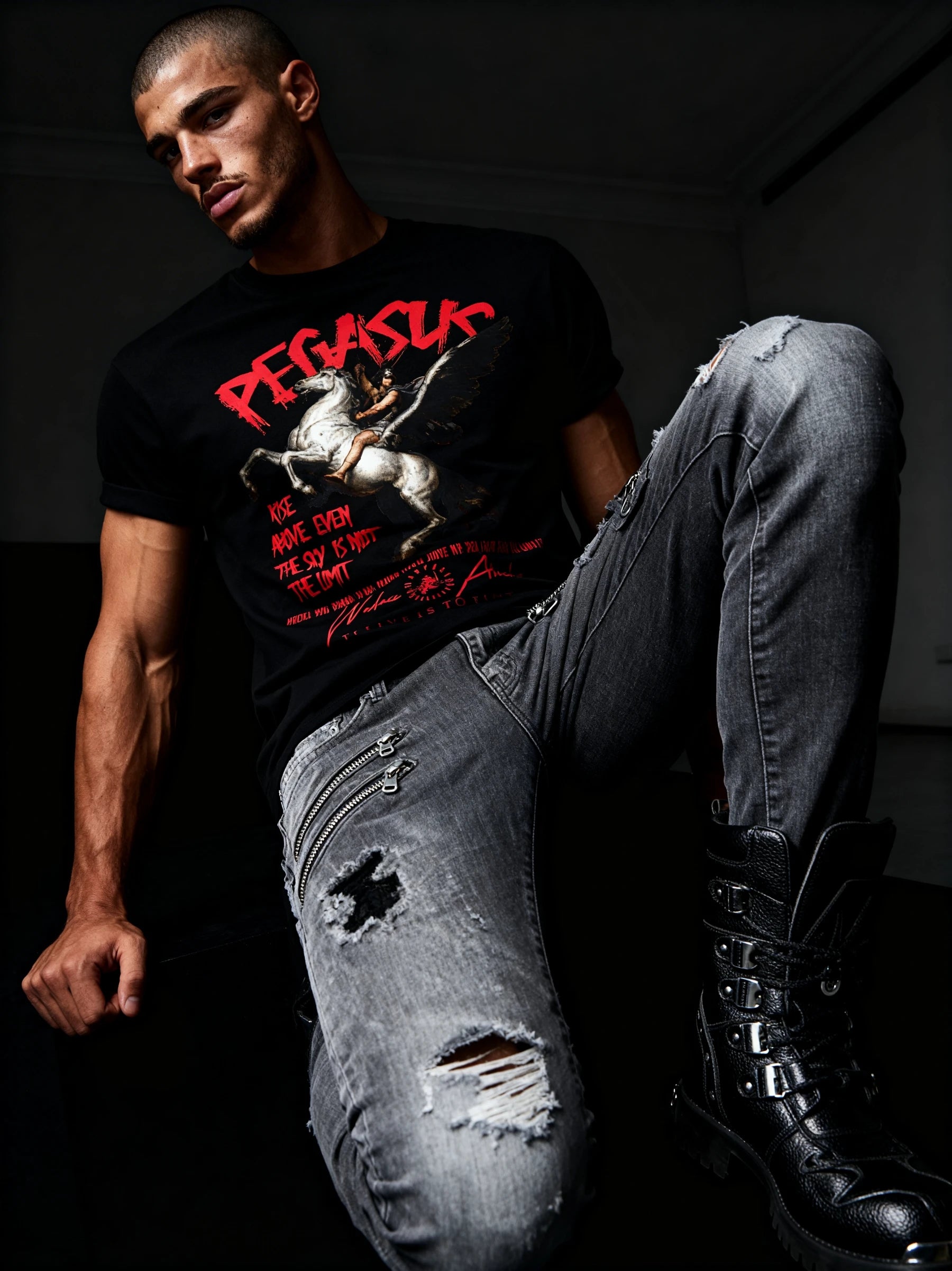 Bellerophon Pegasus Tee Lifestyle — Men's Greek Mythology Gym Shirt with Red Pegasus Graphic in a dark setting by Warface Athletics