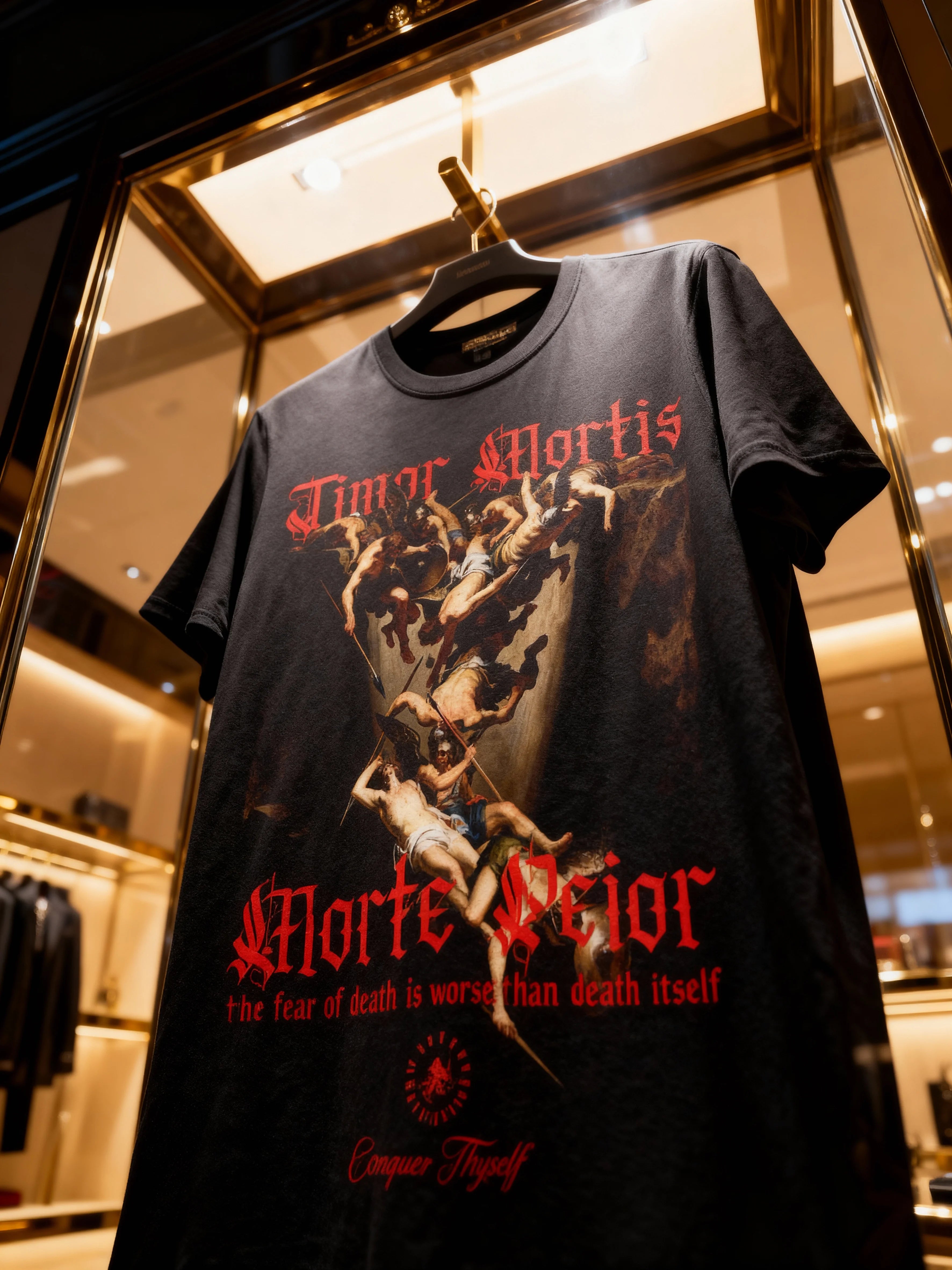 Timor Mortis purgatory heavyweight graphic tee displayed indoors warm lighting
