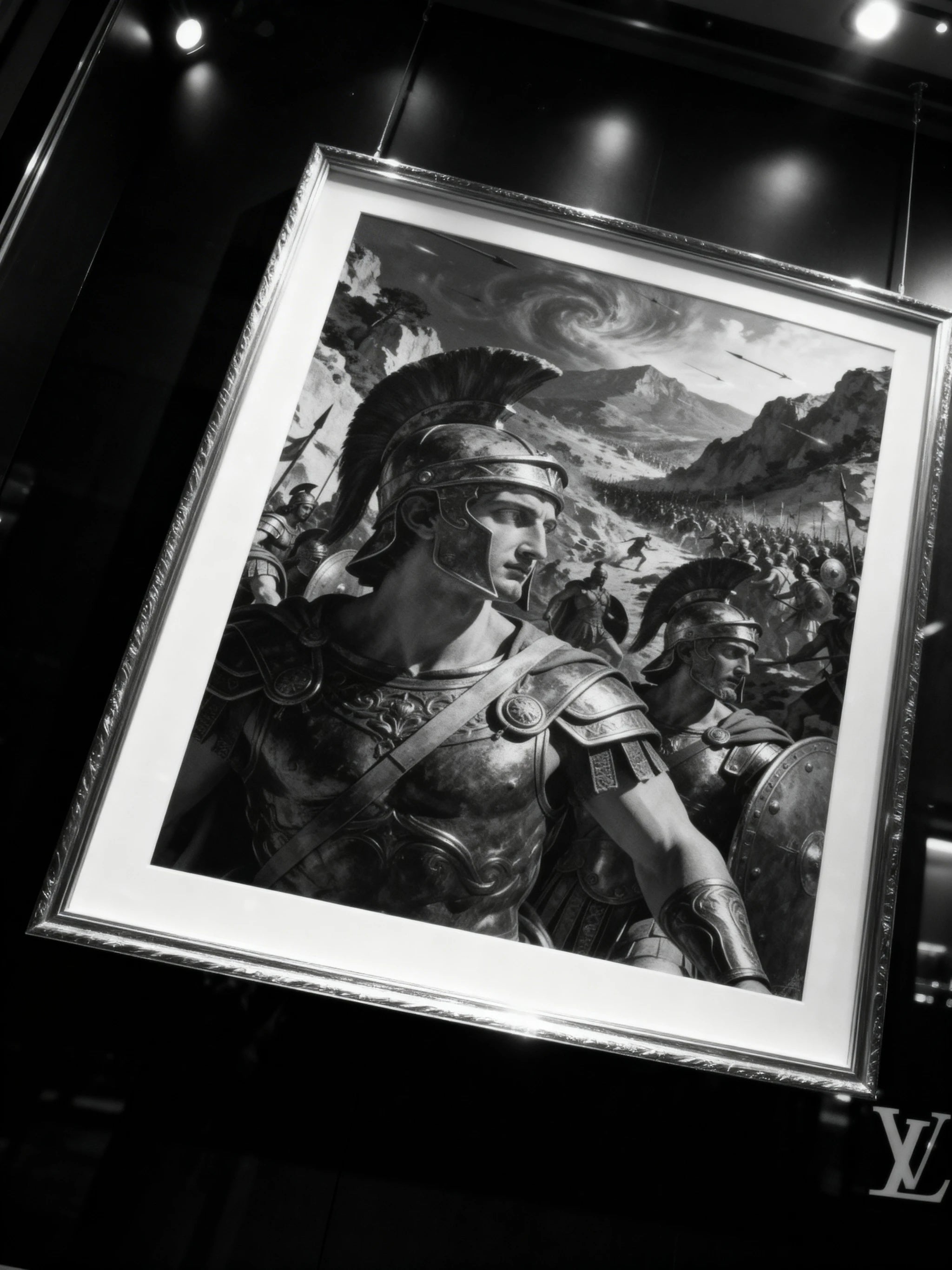 Spartan general canvas art in dark gallery – monochrome ancient battle scene, large wall art for home gym man cave.