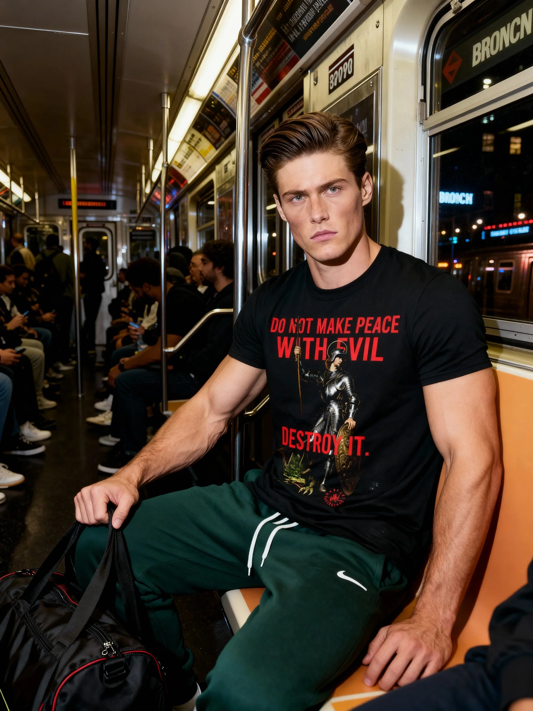 Men's St. George medieval gym shirt – model on subway wearing christian warrior graphic tee, streetwear style.