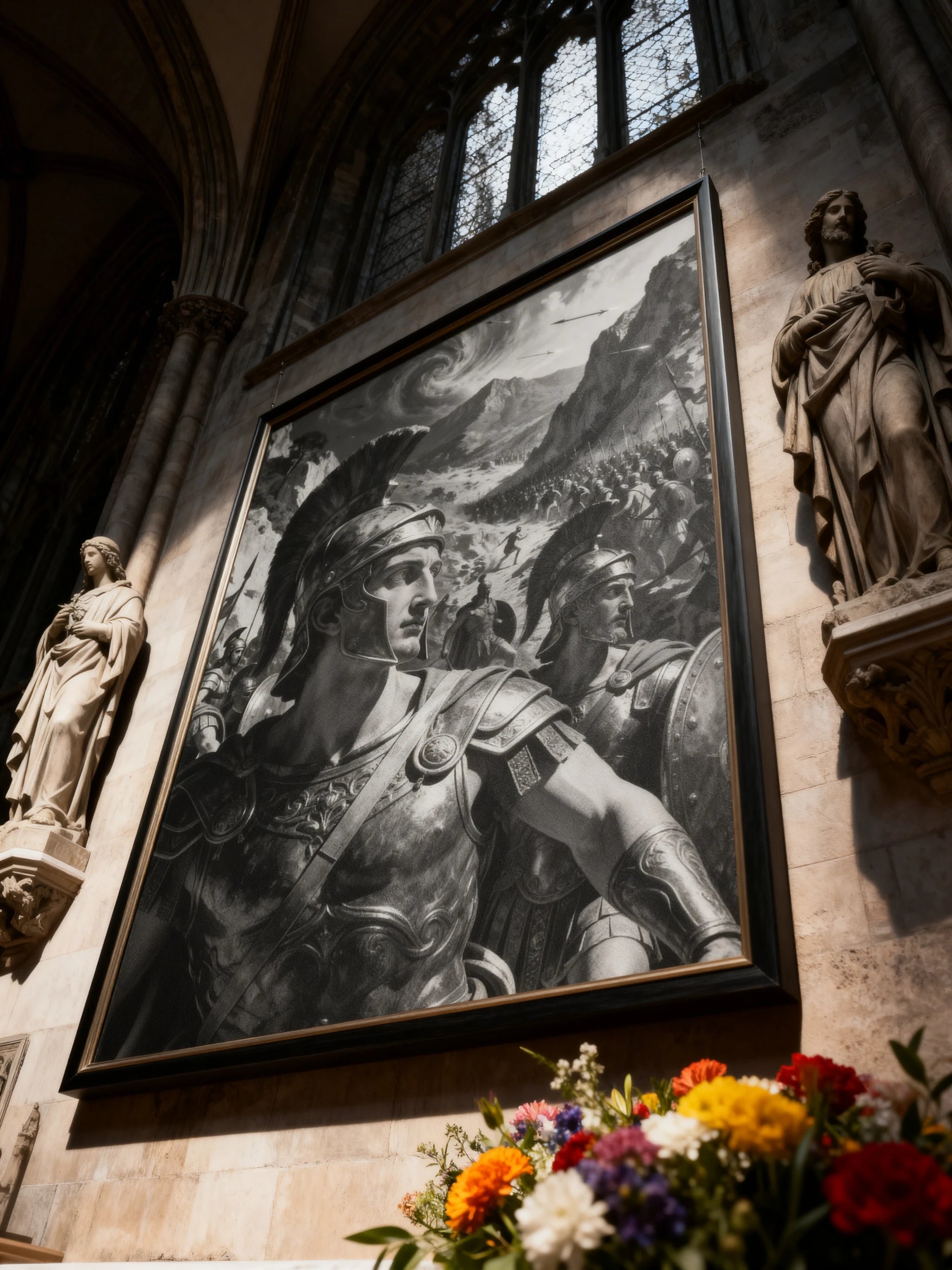 Spartan general canvas art in cathedral – monochrome ancient battle scene greek warrior wall art. Warface Athletics.