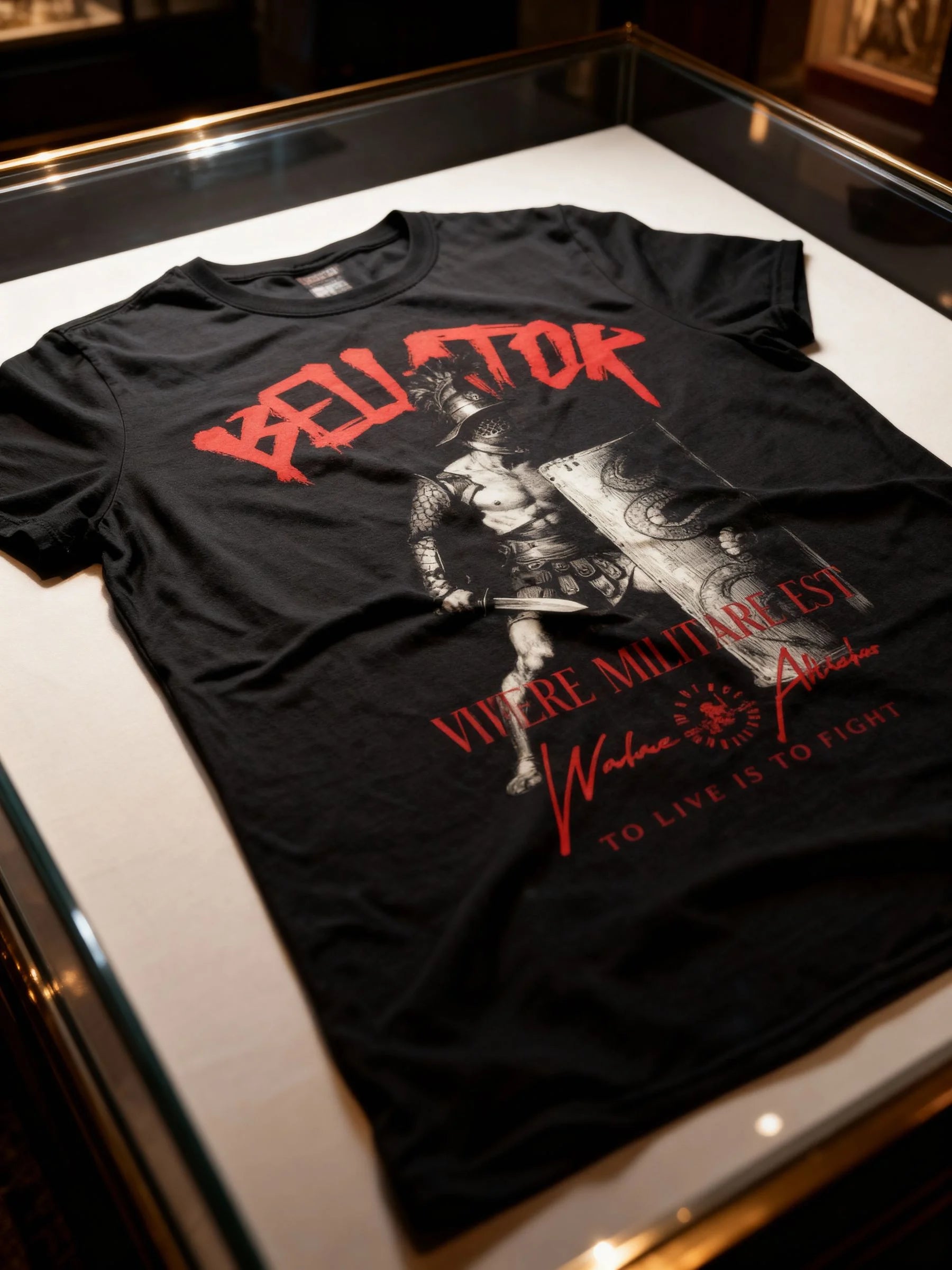 Roman gladiator heavyweight tee flat lay – men's Vivere Militare Est gym shirt, Comfort Colors 1717. Warface Athletics.