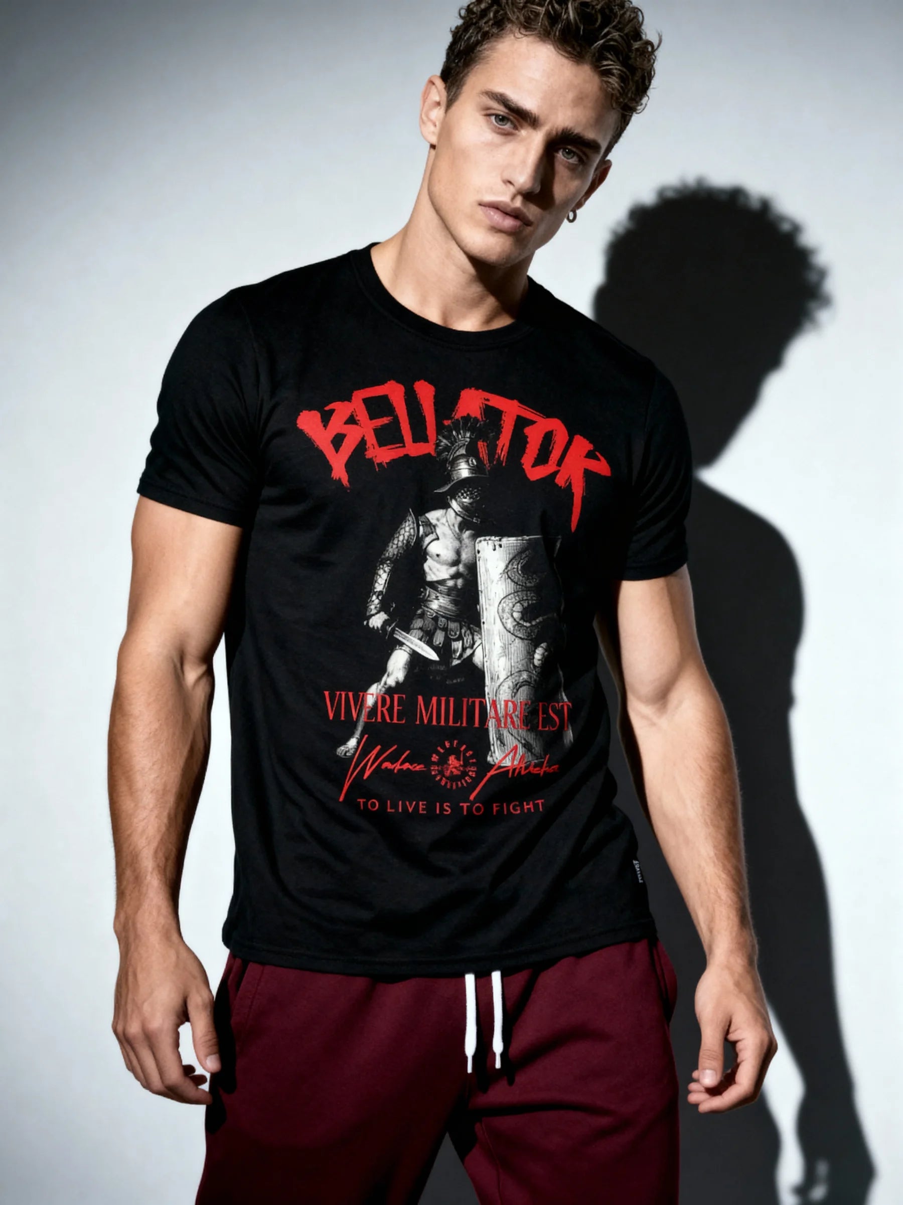 Men's Roman gladiator t shirt – fitness model in Vivere Militare Est heavyweight tee, workout shirts for men.