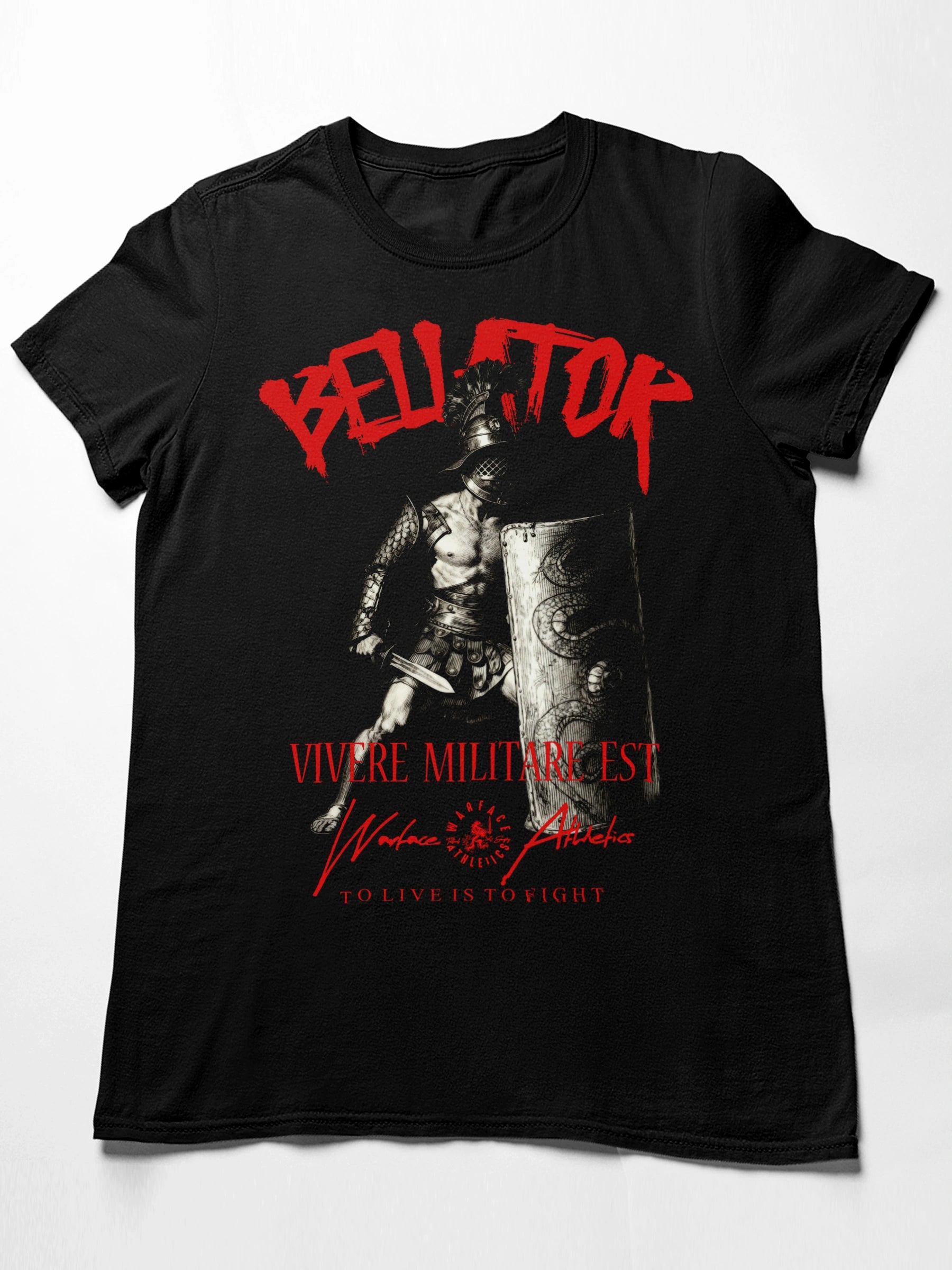 Roman Gladiator Graphic Tee Front View — Men's Spartan T-Shirt with Stoic Quote by Warface Athletics