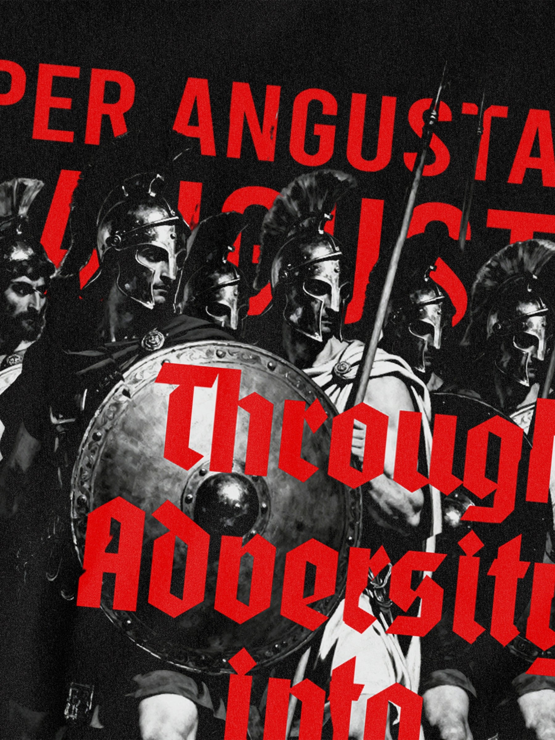 T shirt with graphics – Per Angusta Ad Augusta red gothic Spartan text front print close up – Warface Athletics