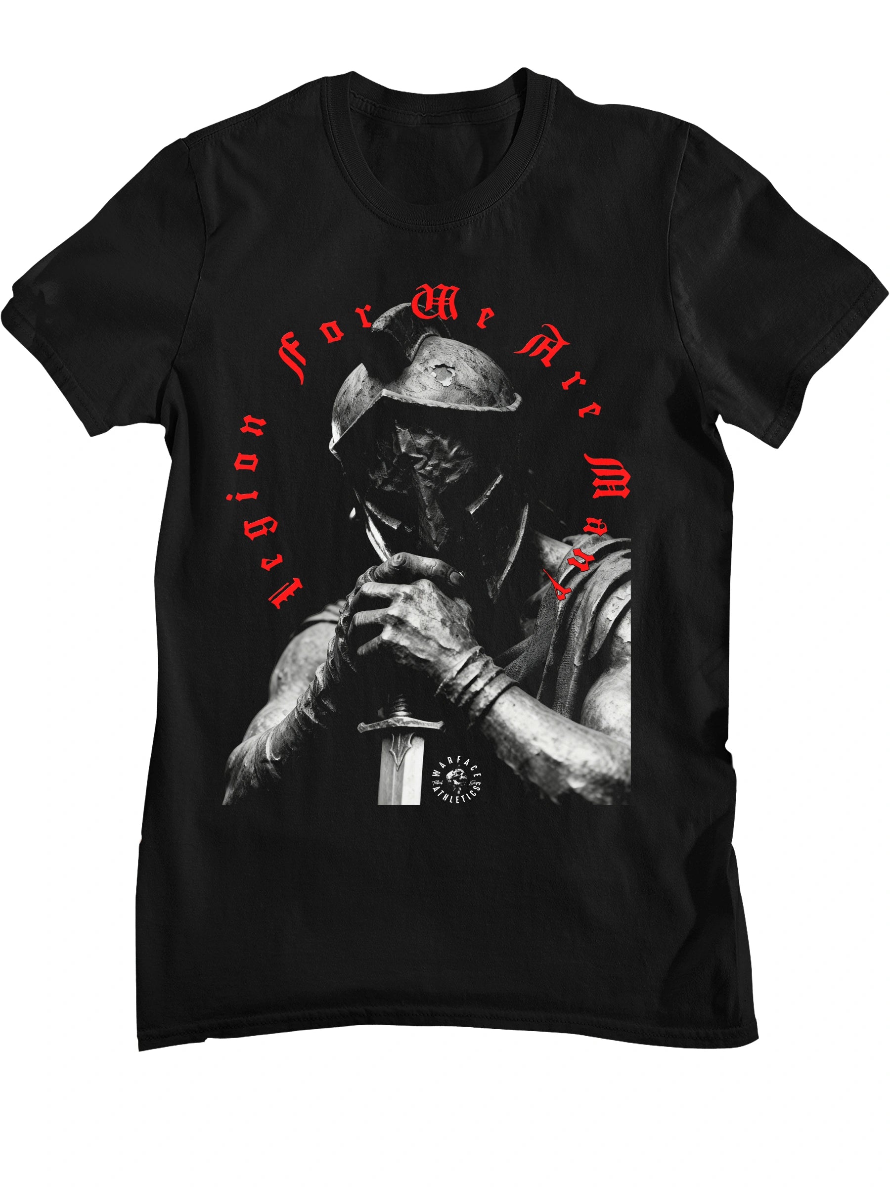 Legion For We Are Many gym shirt front flat lay – spartan warrior graphic tee, Bella+Canvas 3001. Warface Athletics.