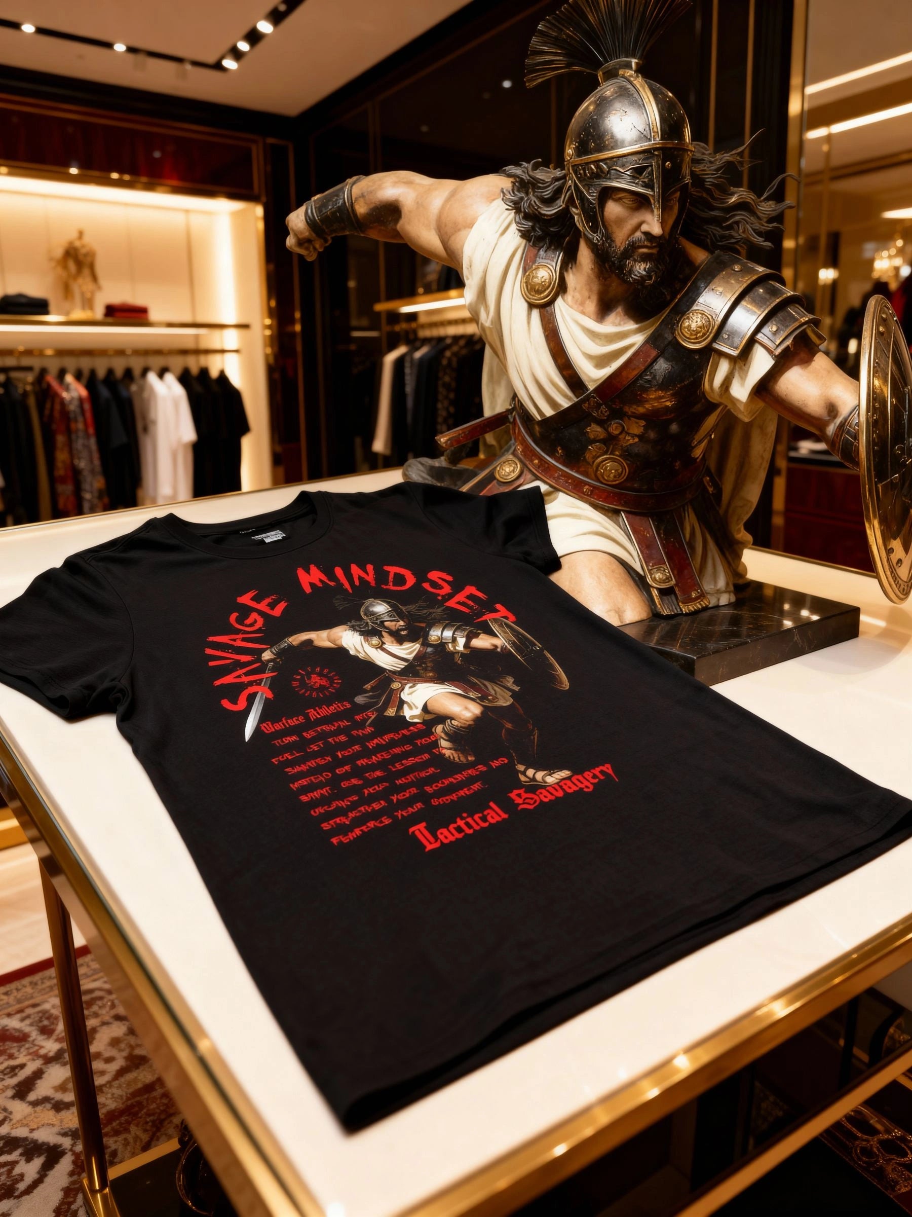 Savage Mindset Tee Flat Lay — Men's Tribute Shirt with Spartan Warrior Graphic by Warface Athletics