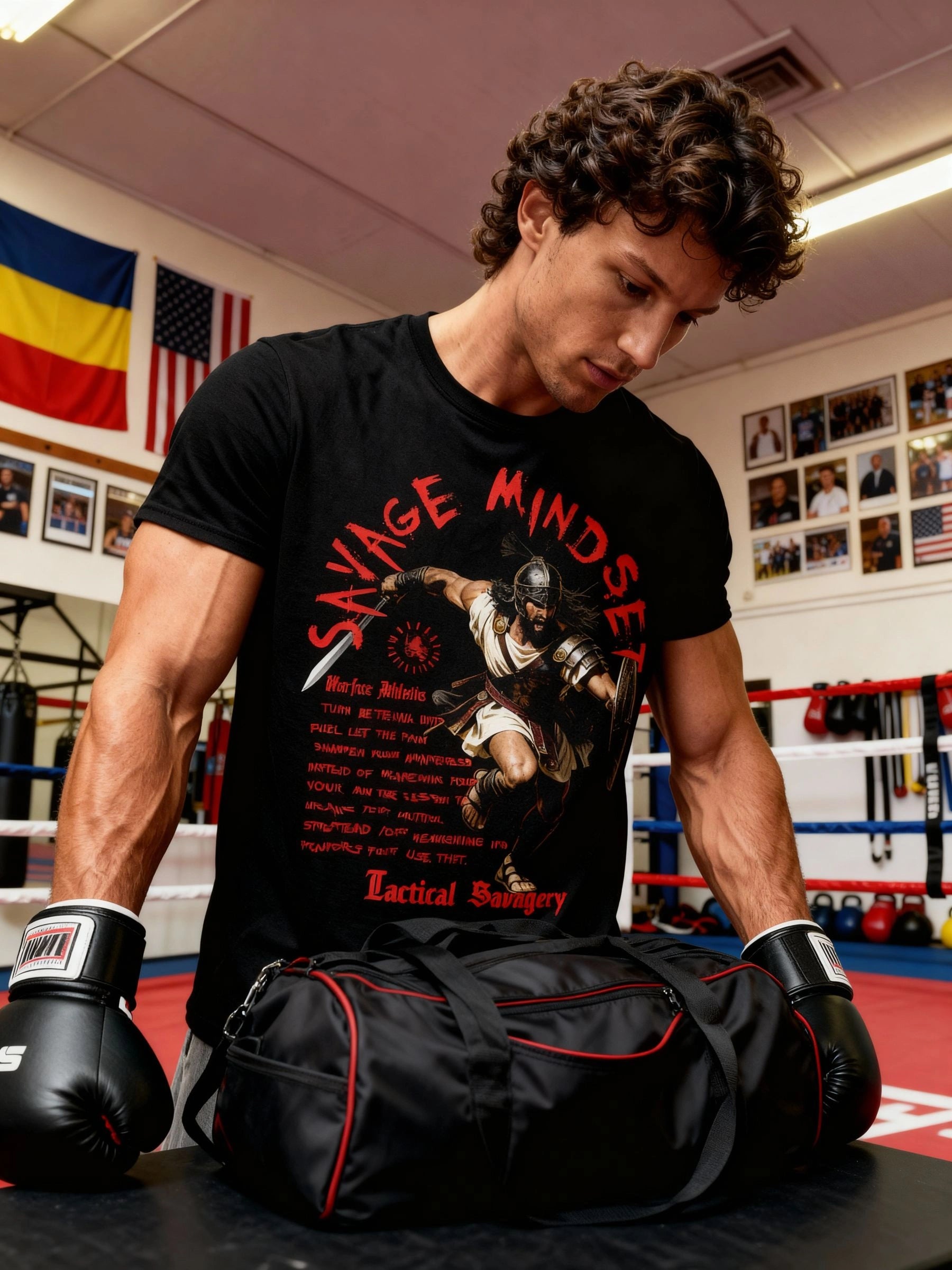 Savage Mindset Tee Display — Men's Athletic Apparel with Gladiator Warrior Shirt Print by Warface Athletics
