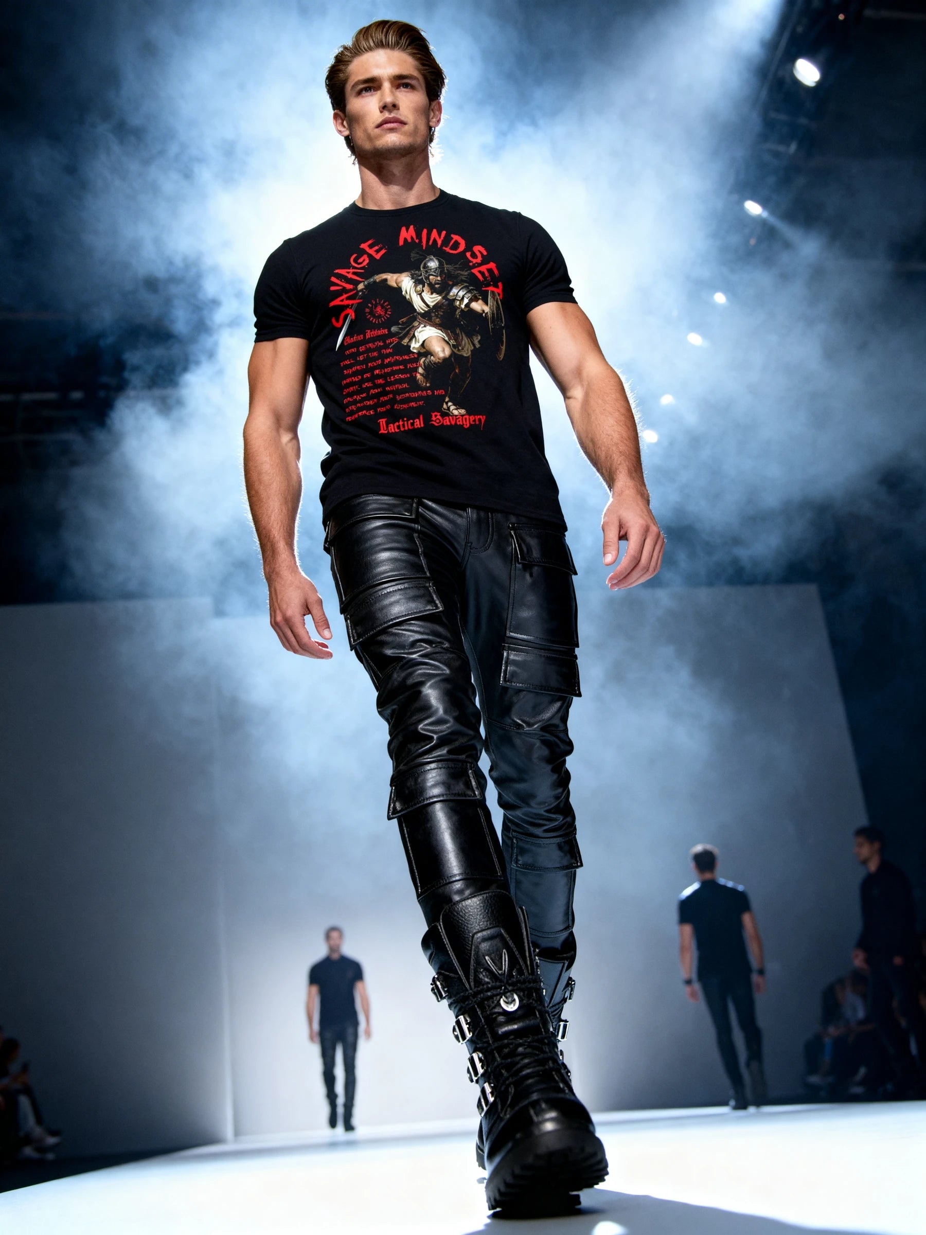 Savage Mindset Tee Lifestyle Shot — Men's Battle Ready T-Shirt with Stoic Philosophy Print by Warface Athletics