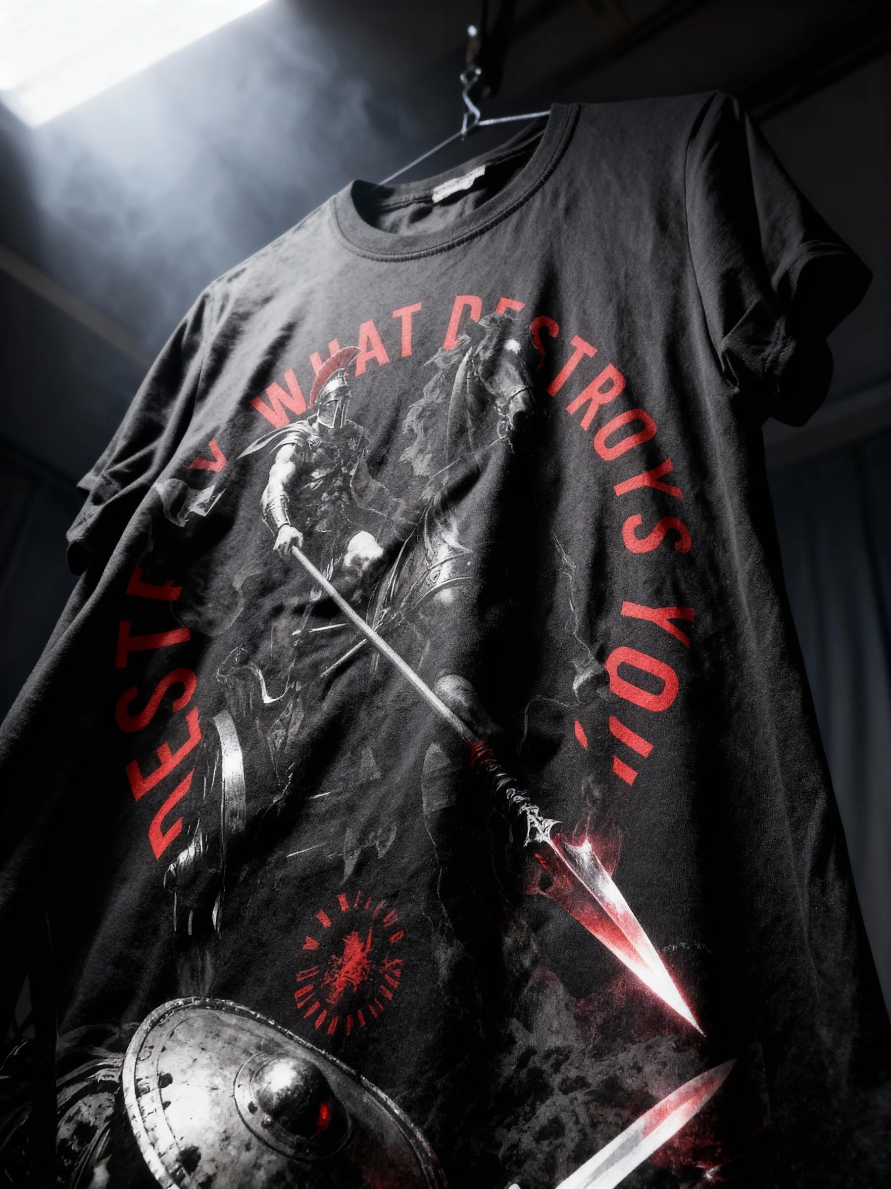 Spartan war horse graphic tee close-up – men's dual-sided heavyweight gym shirt back print detail. Warface Athletics.