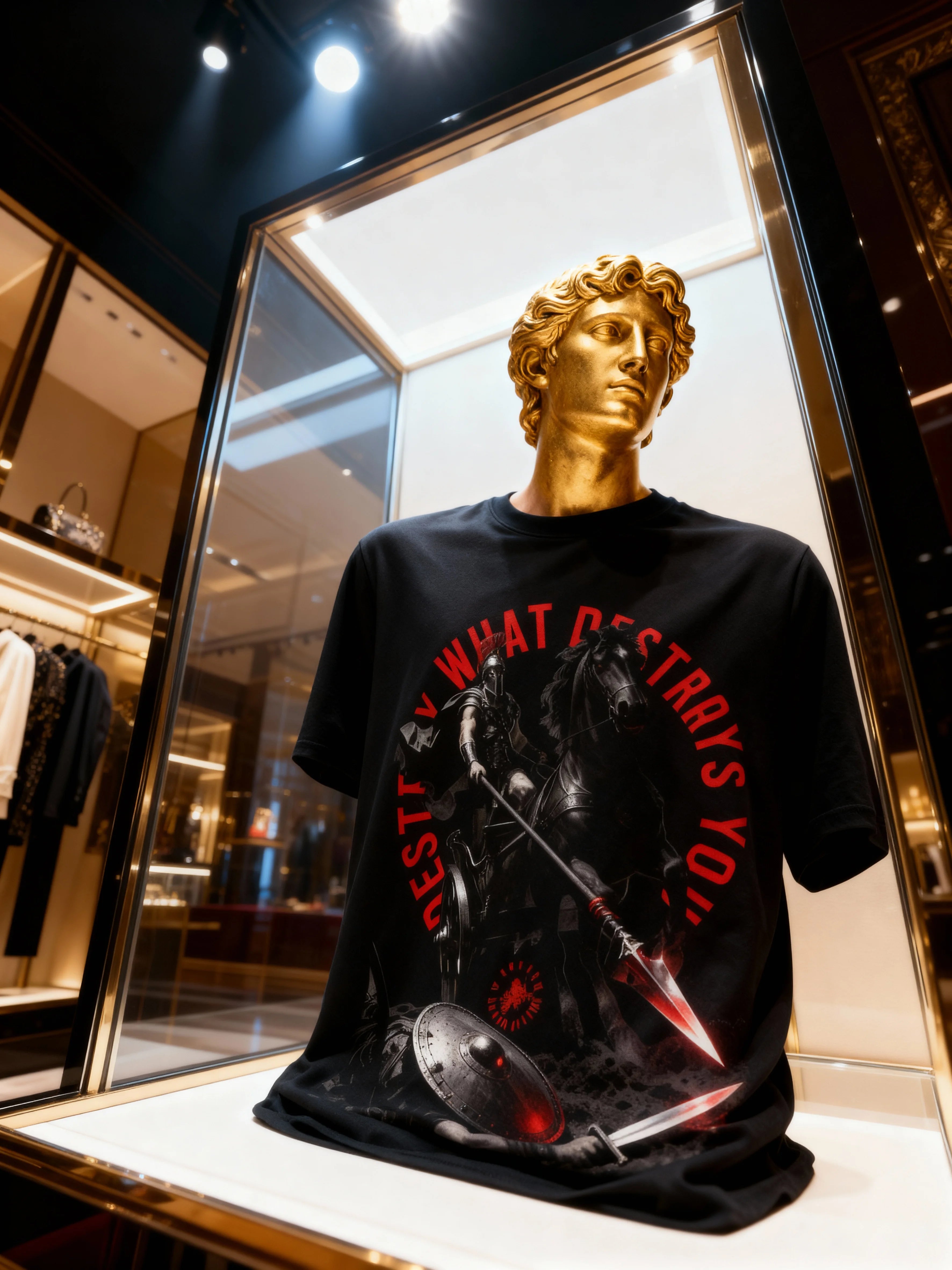Spartan warrior graphic tee on golden mannequin display – men's heavyweight gym shirt, Comfort Colors 1717.