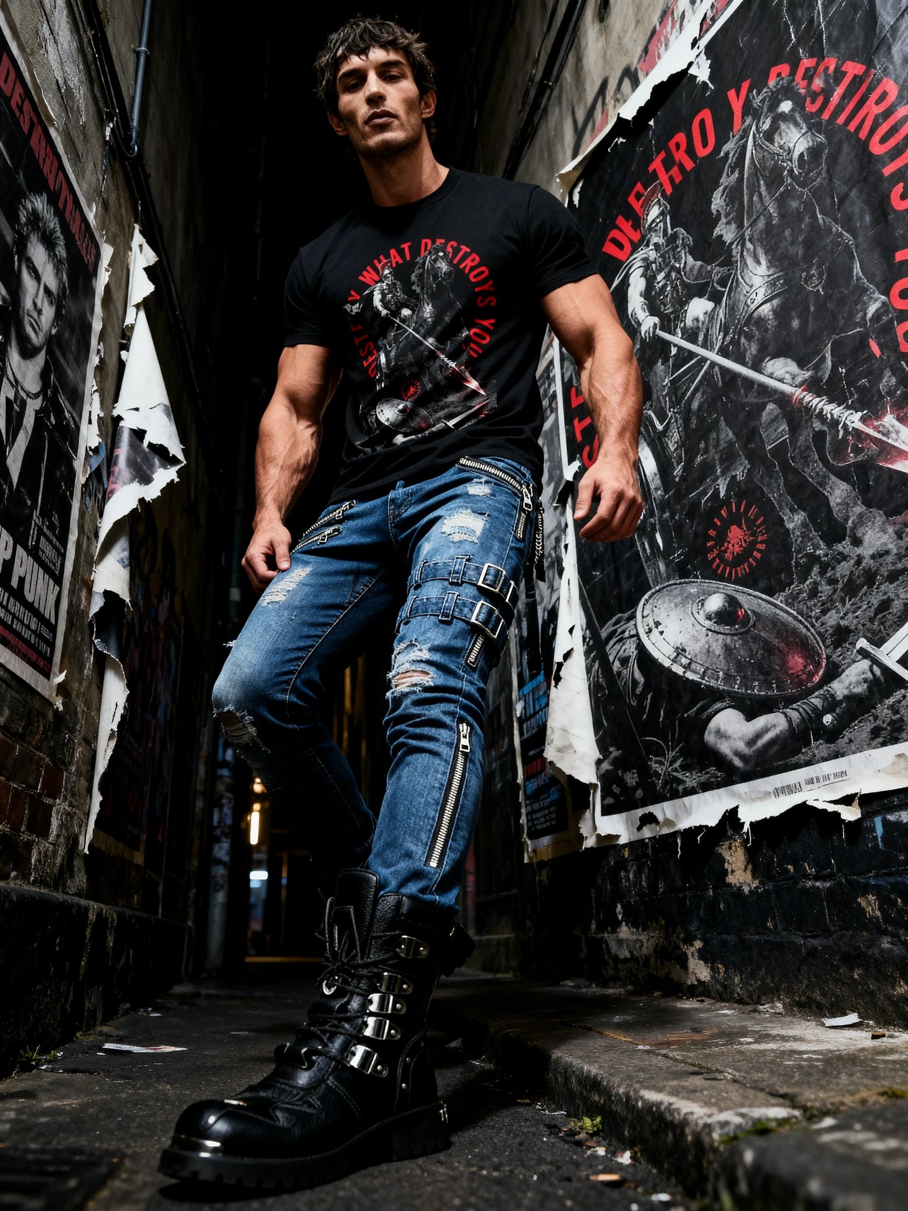 Men's Spartan graphic gym shirt in alley – Destroy What Destroys You workout shirts for men, streetwear tee.