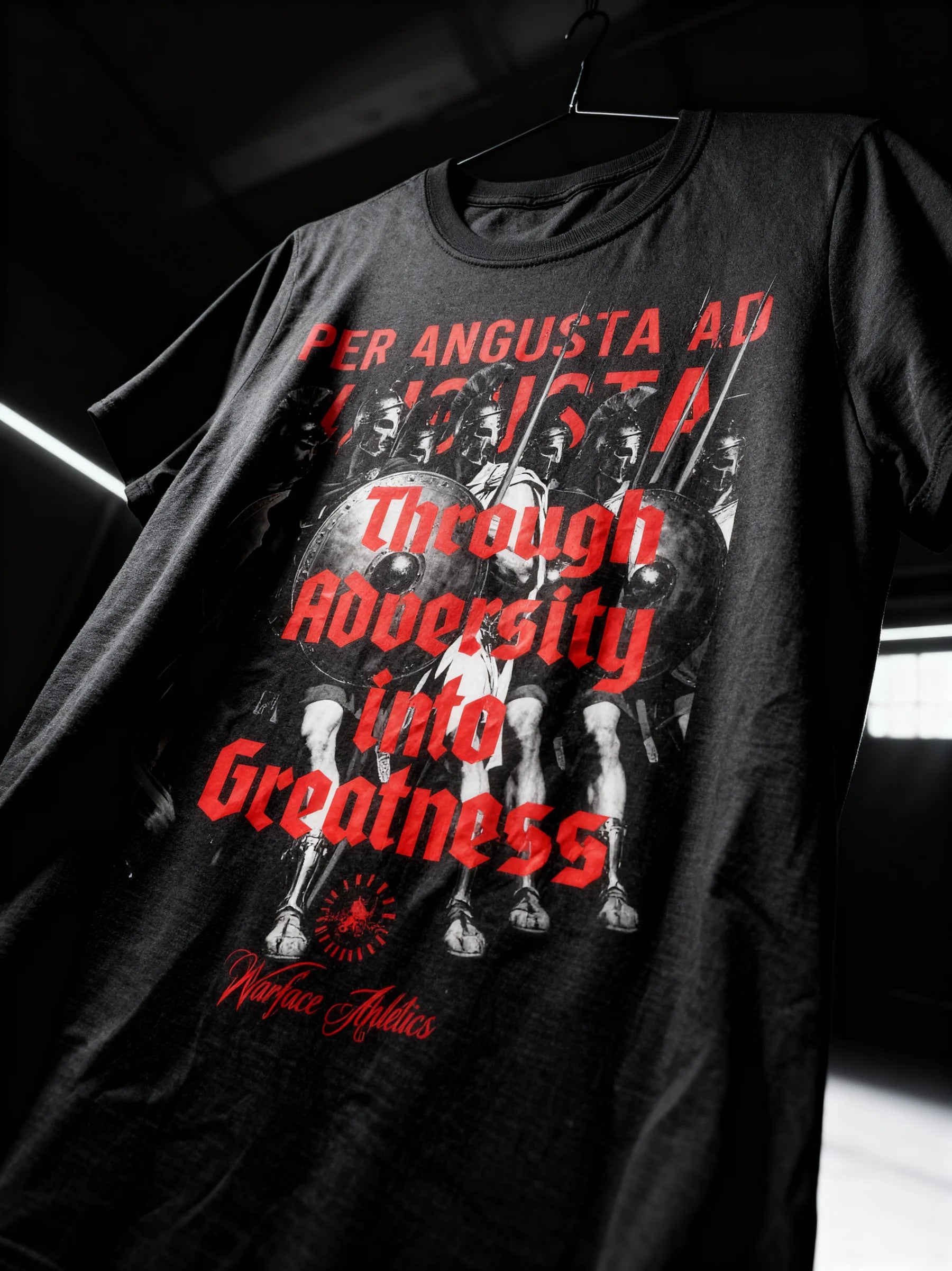 Workout shirts for men – Per Angusta Ad Augusta Spartan tee back view dark background display – Warface Athletics