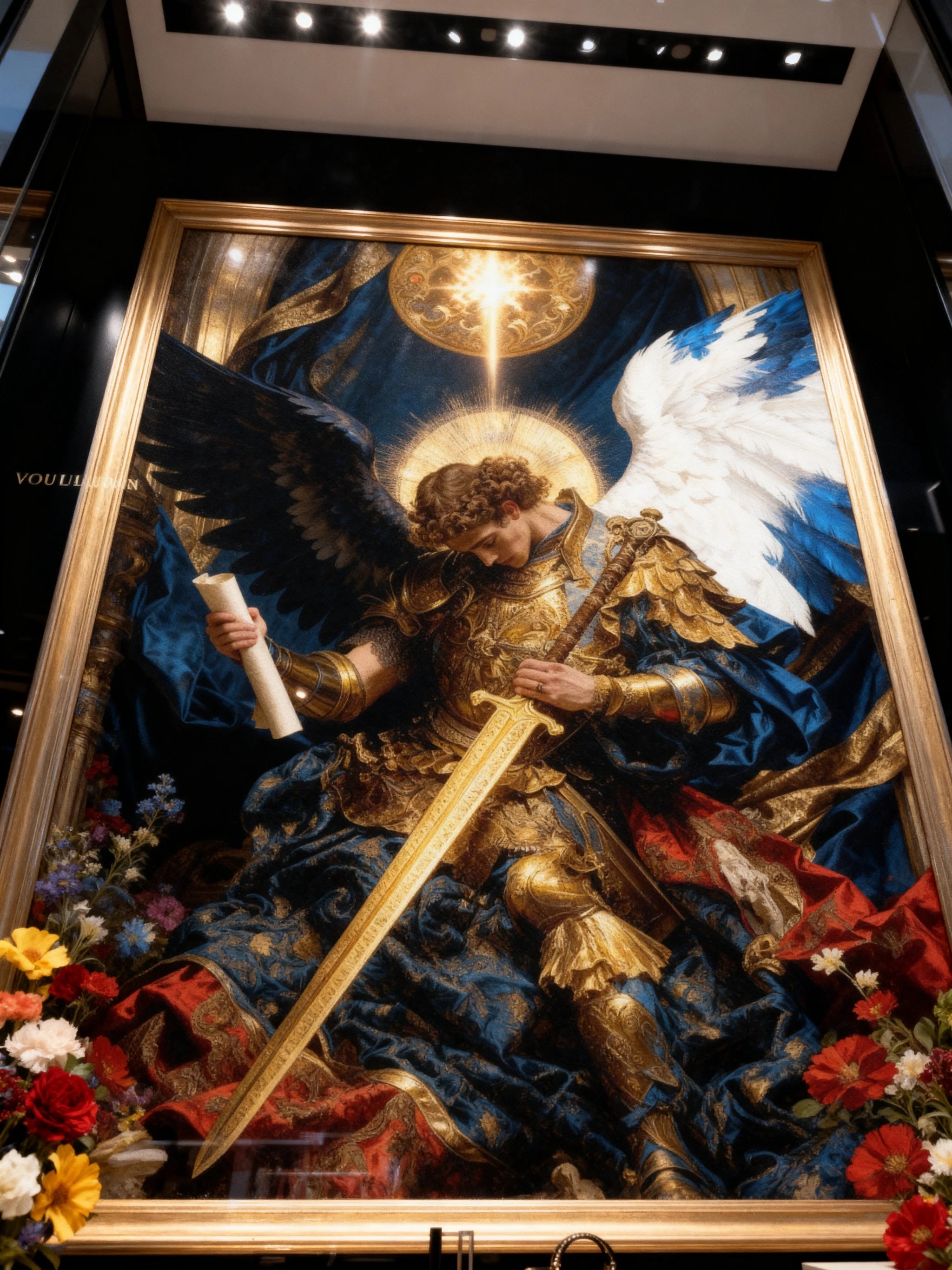 St. Michael Archangel canvas art in ornate gold frame – golden armor baroque warrior print, catholic wall decor. Warface Athletics.