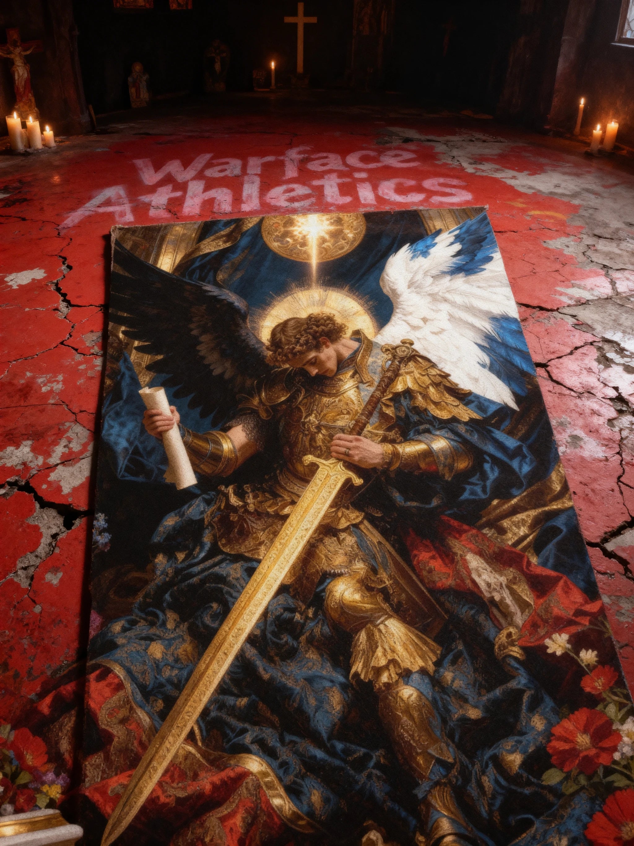 St. Michael Archangel canvas print flat mockup – golden armor baroque warrior, gallery wrapped catholic wall art.