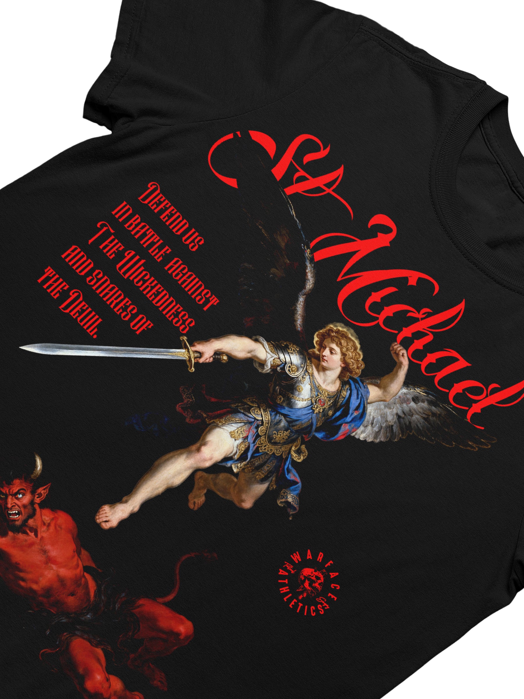 Saint Michael and Lucifer Graphic Tee Back View — Men's St. Michael Shirt with Warrior Print by Warface Athletics